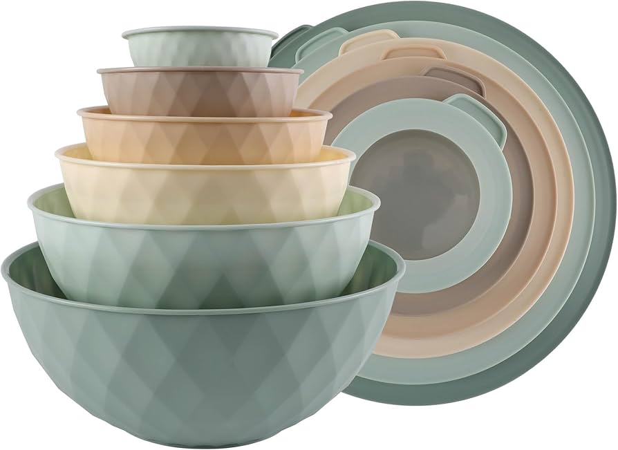 COOK WITH COLOR Mixing Bowls with Lids - 12 Piece Plastic Nesting Bowls Set includes 6 Prep Bowls and 6 Lids, Non Slip Bottom and Diamond Design - Microwave Safe (Mint)