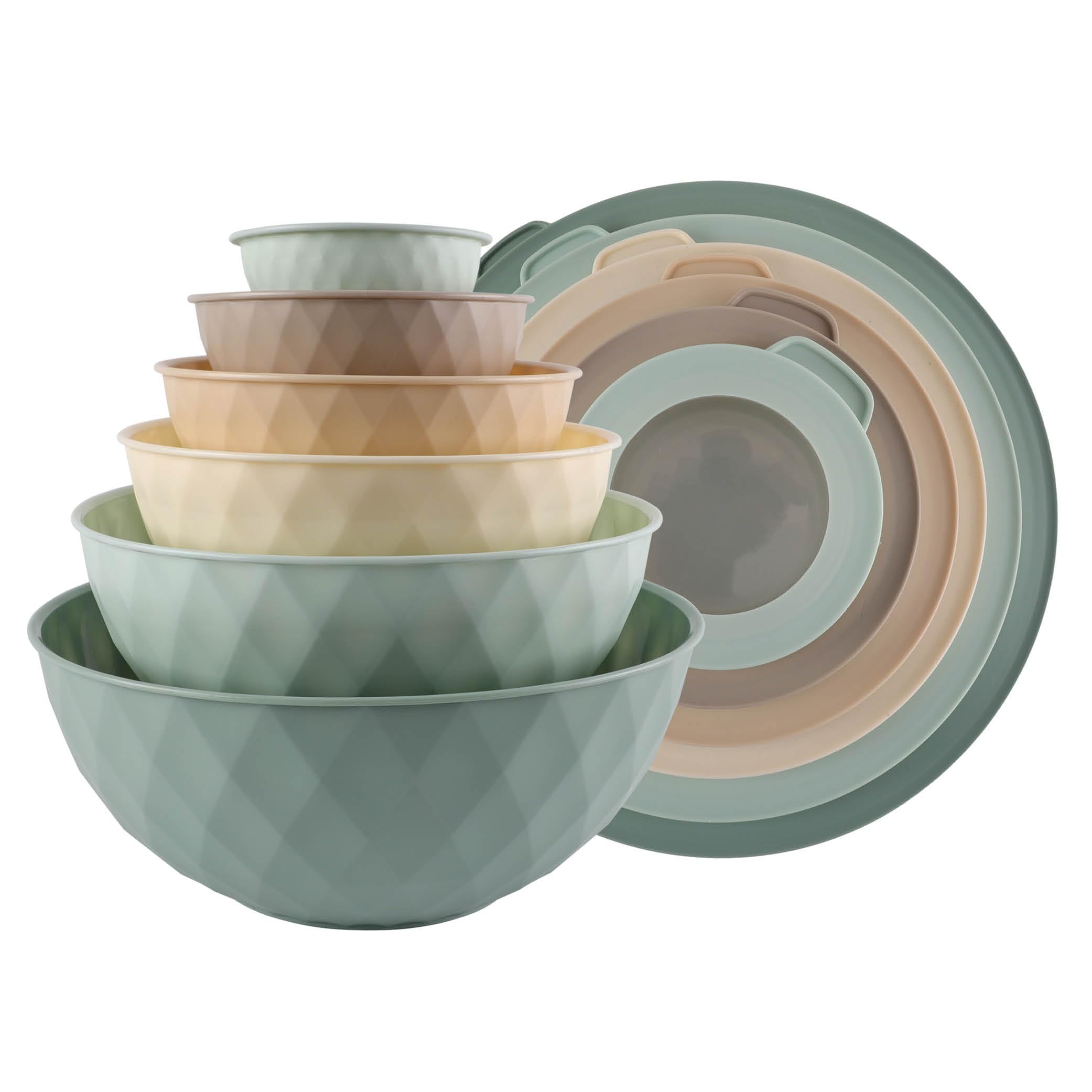 COOK WITH COLOR Mixing Bowls with Lids - 12 Piece Plastic Nesting Bowls Set includes 6 Prep Bowls and 6 Lids, Diamond Design - Microwave Safe (Mint)