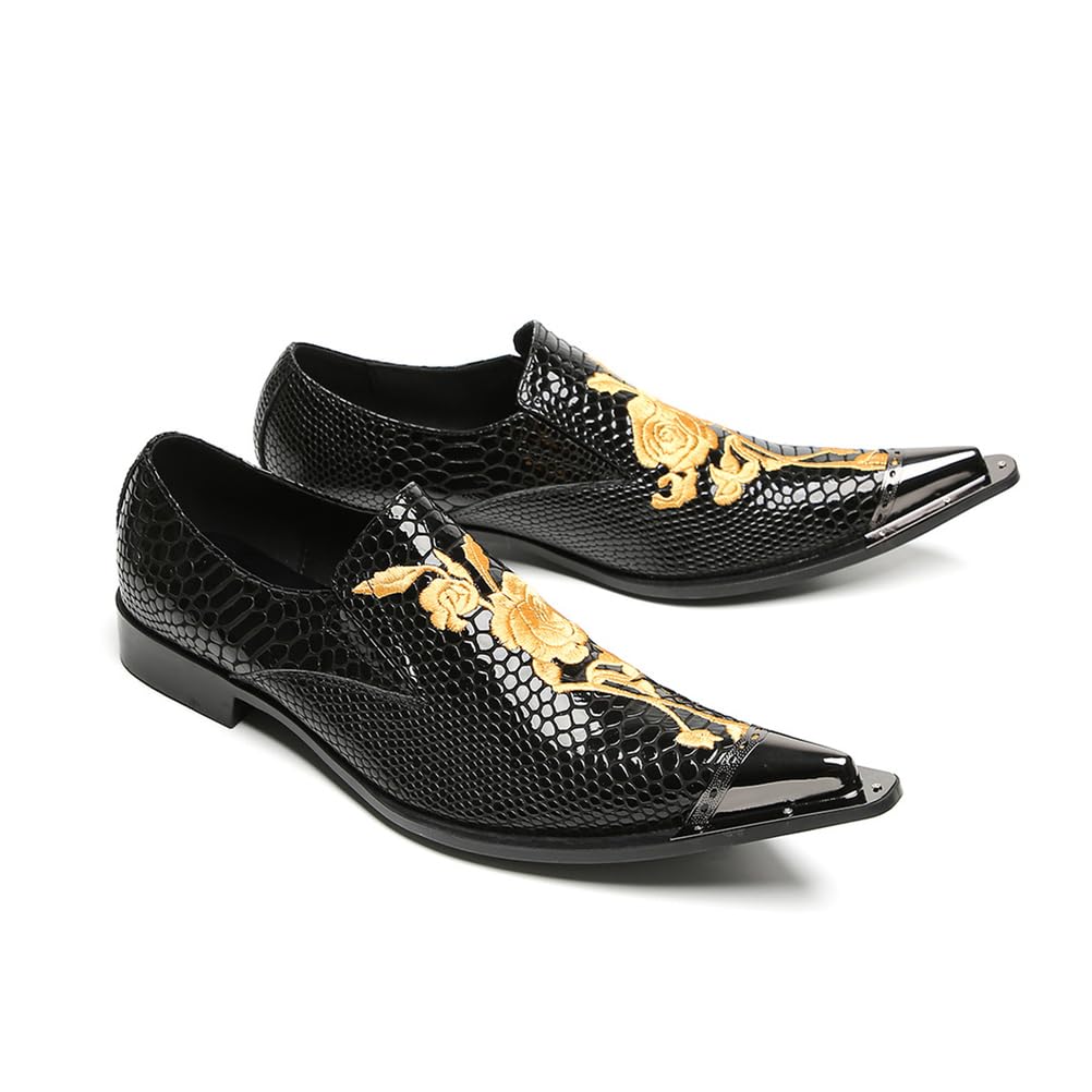 Scarpe da Cerimonia Uomo con Ricamo a Rosa Dorata, Mocassini in Pelle Rossa Trama Serpente con Punta Metallica per Matrimoni e Gala