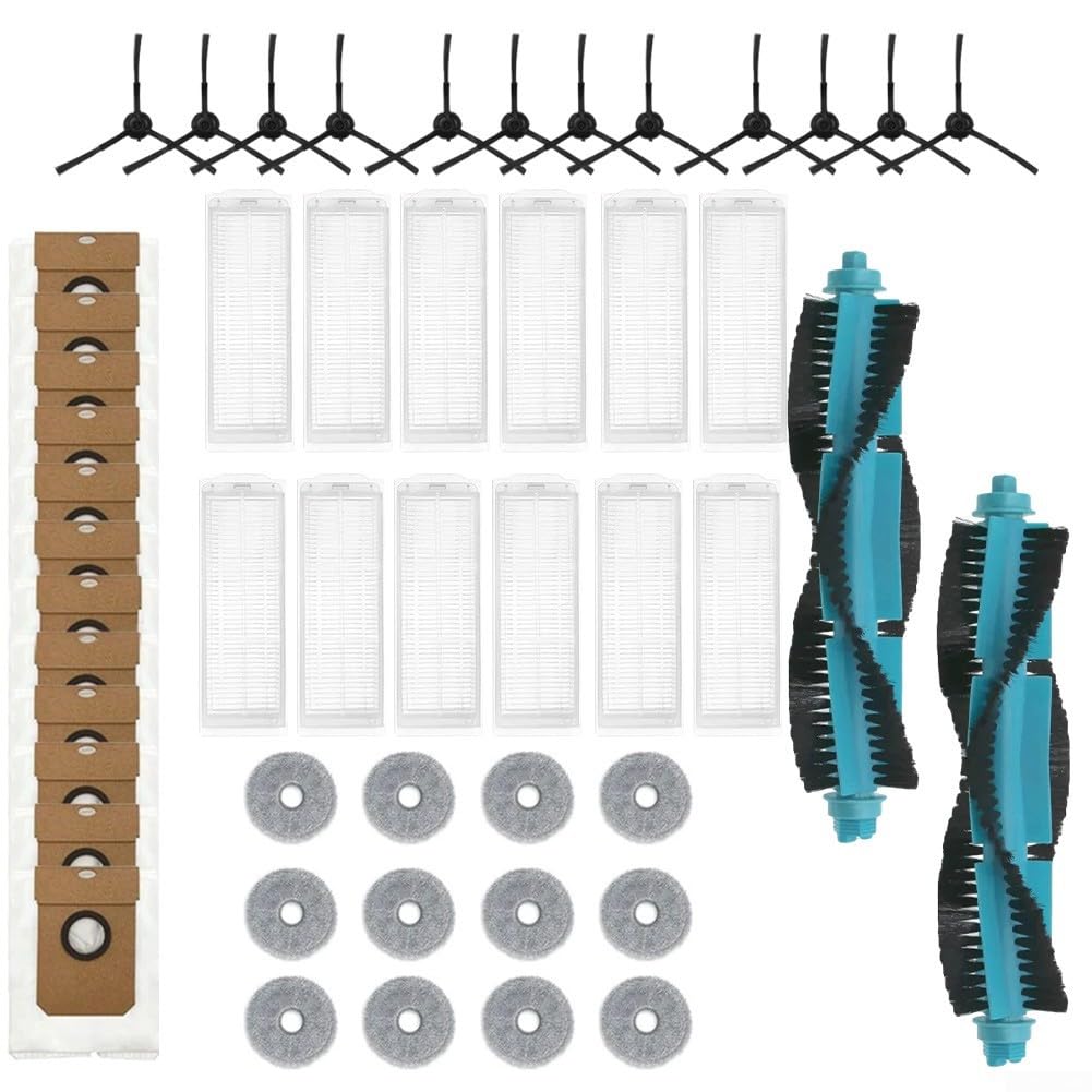 Partes de aspiradora para Cecotec para conga 11090, incluye 2 cepillos principales, 12 cepillos laterales, 12 filtros, 12 paños de fregona, 12 bolsas de polvo de plástico, nailon, microfibra