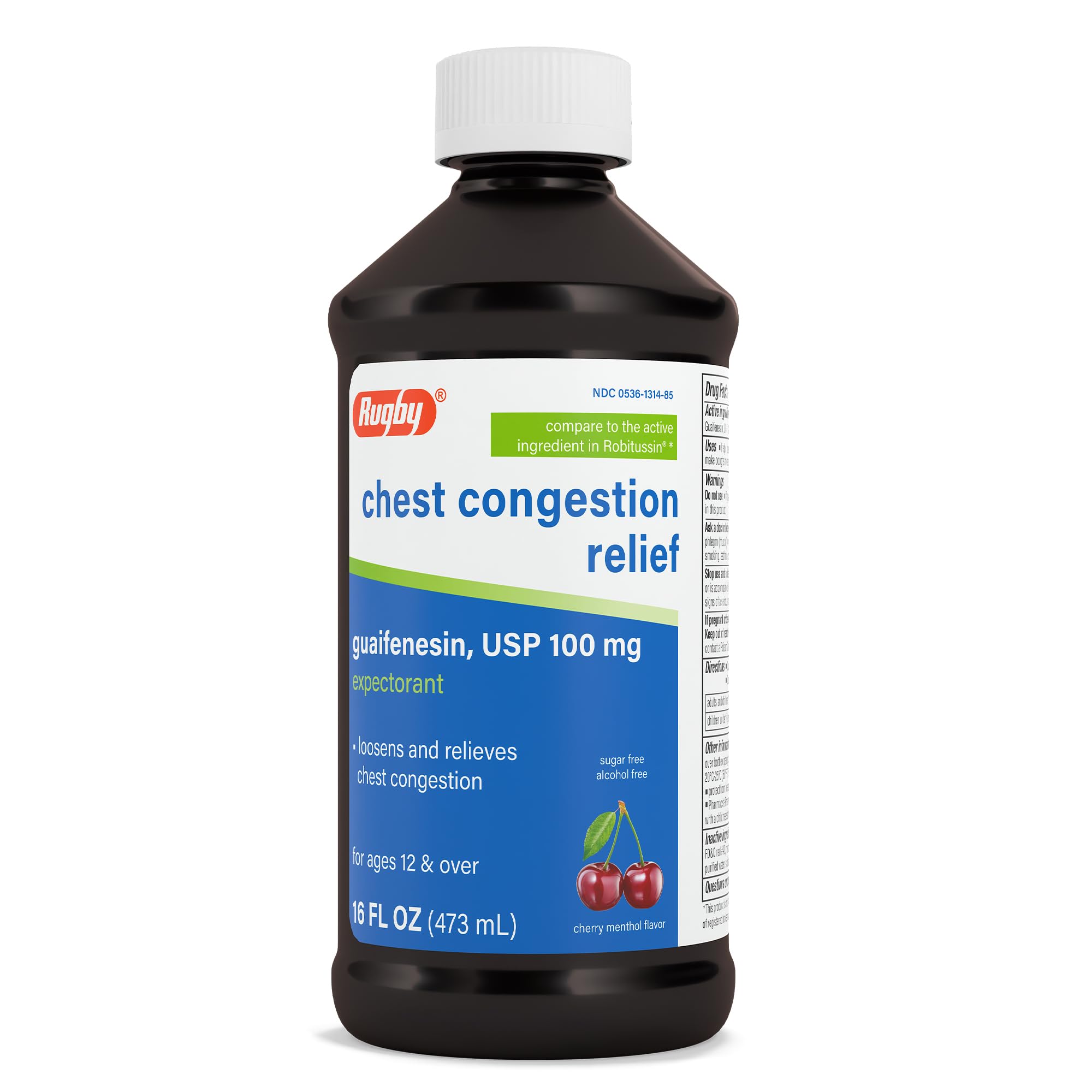 Rugby Chest Congestion Relief Expectorant, Guaifenesin USP 100 mg, Alcohol-Free Cherry Menthol Cough Syrup, 16 fl oz (1 Pack)