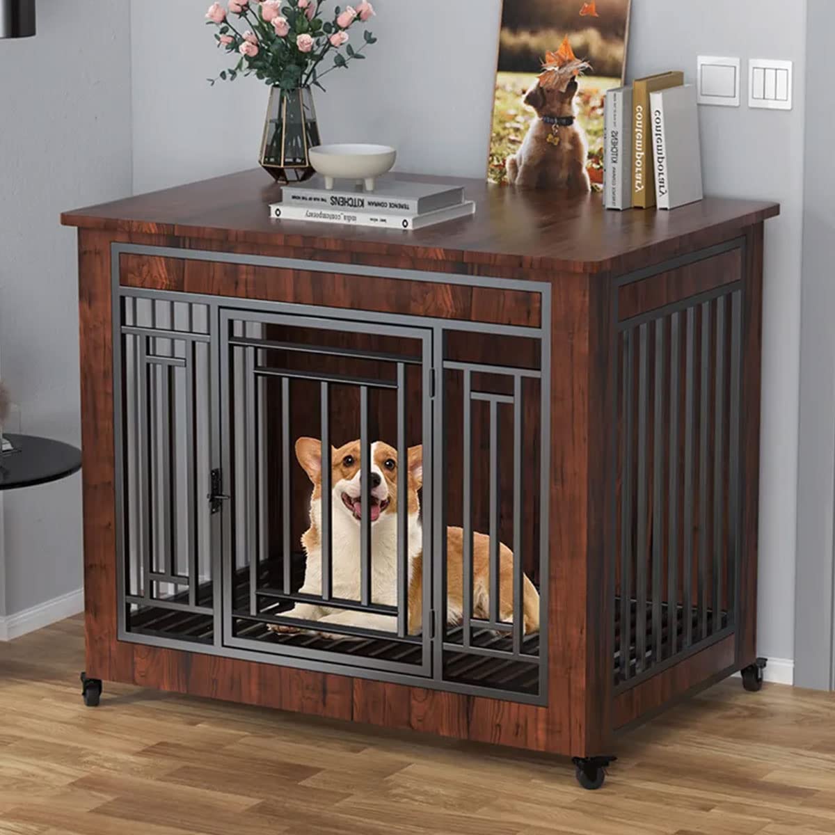 Mobili per gabbia per cani, design in legno, resistente gabbia per animali domestici per cani di taglia media con serrature, gabbia multifunzionale per cani