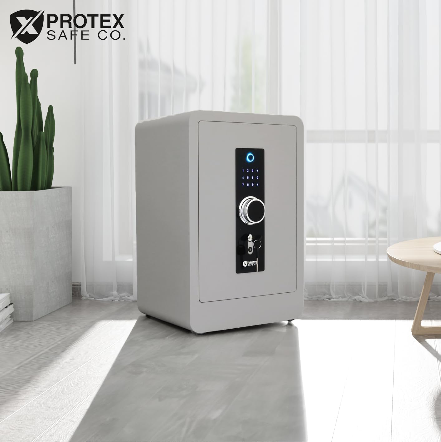 ProtexSafe Fireproof Steel Home Safe with Biometric, Digital Keypad, Key Lock, 1.32 Cubic Feet, 11.8 x 14.5 x 21.8 Inches, SK-60, Light Gray
