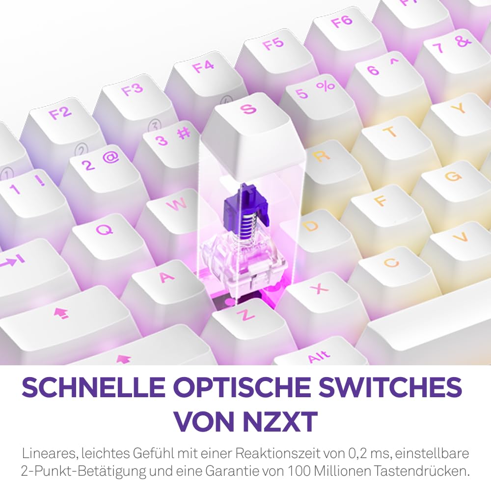 NZXT Function 2 MiniTKL - 2024 Optische Tenkeyless Gamingtastatur | RGB beleuchtet | 8K-Abfragerate | Lineare Opt. Switches | Einstellbare Auslösung | Hot-Swap | Gaming Keyboard | Weiß DE (QWERTZ)
