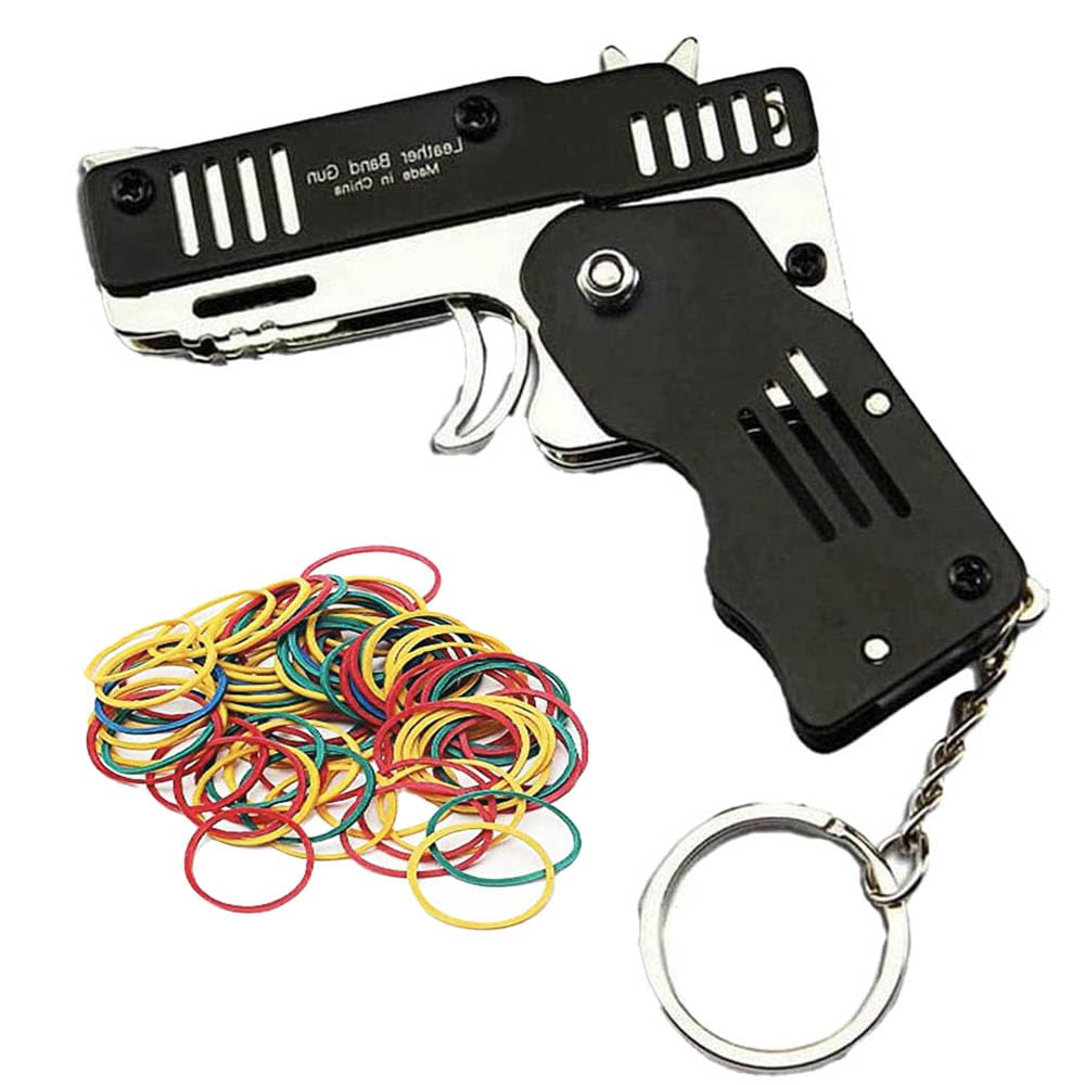 Mini Rubber Band Gun Metal Folding Gun Keychain with 100 Rubber Bands Made Entirely of zinc-Iron Alloy Material Sturdy and Durable.