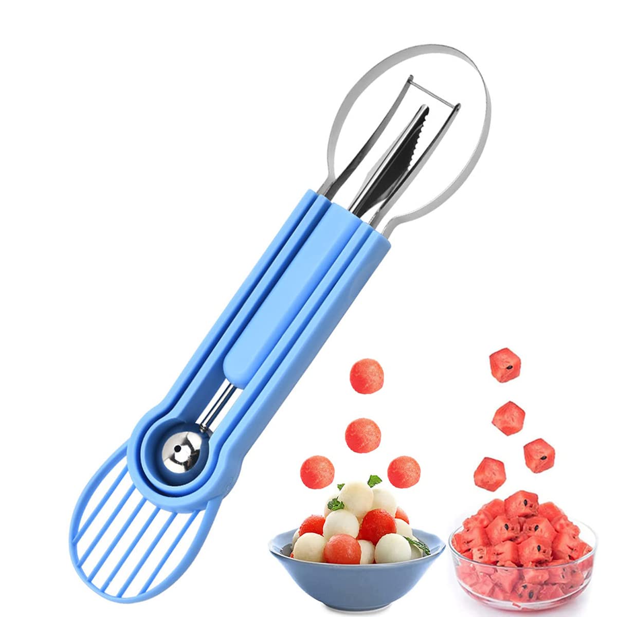 KASTWAVE Melon Baller Scoop Set, Professional 5 In 1 Stainless Steel Fruit Carving Tools Knife Kit, Watermelon Knife Fruit Scooper Seed Remover Watermelon Knife, Dig Pulp Separator Fruit Slice(Blue)