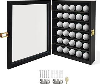 Golf Ball Display Case: Wall Mounted 30 Golf Ball Display Case Holder Solid Wood Frame with Lockable Door