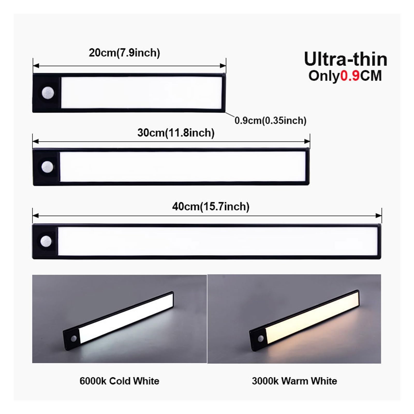 Luces Bajo Armario Luz LED Nocturna Con Sensor De Movimiento For Debajo Del Armario, Iluminación USB, Lámpara For Cocina, Magnética Recargable(6000K Cold White,40cm Black)