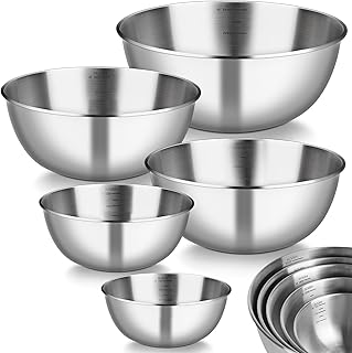 Gucass Lot de 5 Cul de Poule Inox, saladier inox empilables (0,7 L / 1,2 L / 1,8 L / 2,5 L / 3,5 L), bol inox cuisine et lavables au lave-vaisselle, parfaits pour pâtisser et préparer les aliments