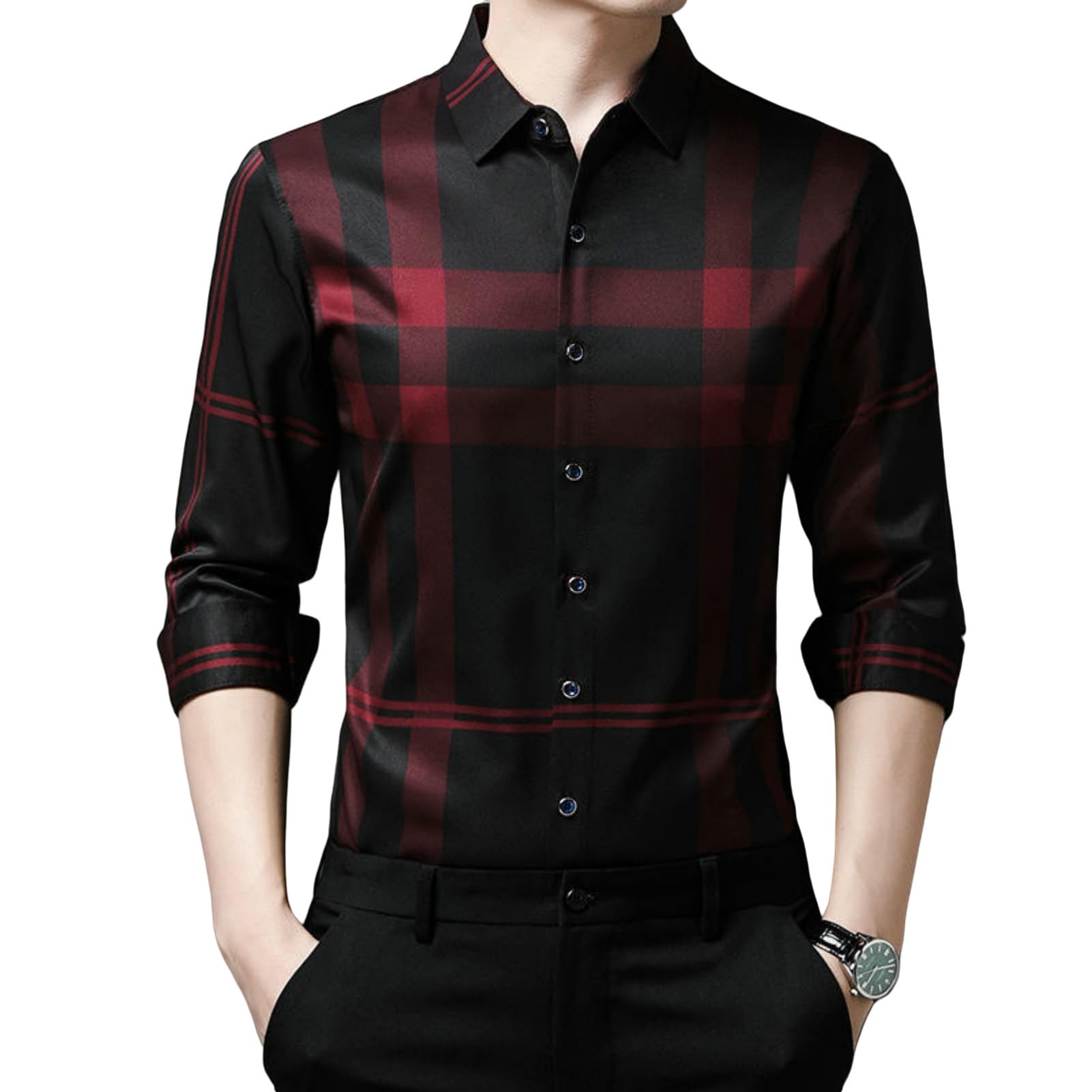 Camisa de cuadros transpirable para hombre con botones y algodón suave 6