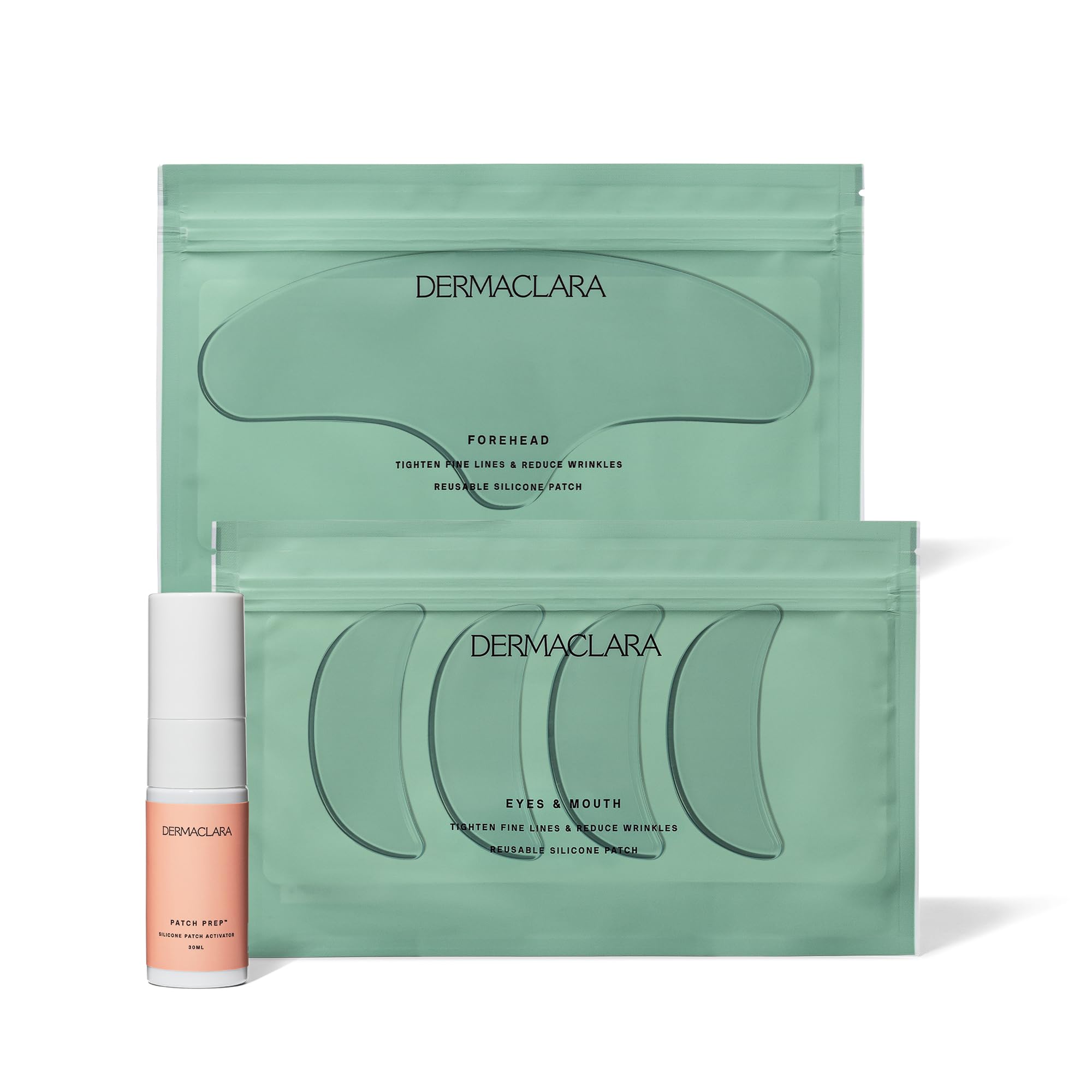 Dermaclara Kit de parches faciales – Parches antiarrugas para frente, líneas de sonrisa, tratamiento de silicona antiarrugas, hasta 30 usos – Kit: 1 frente, 2 boca, 2 parches para ojos y 1 limpiador