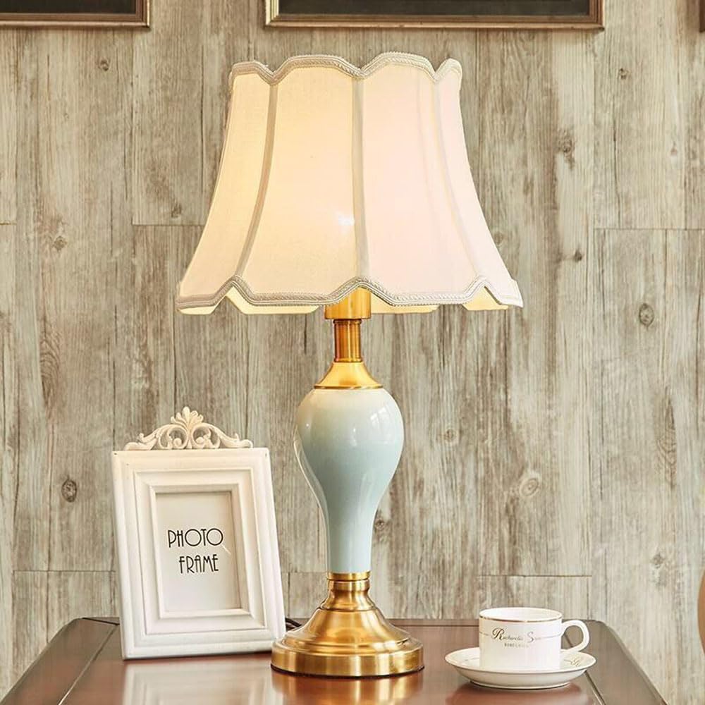 HvKvHvY Table Lamp Retro Ceramic, Fabric Bedside Lamp,Vintage Bedroom Reading Light White lampshade Desk Lamp Modern Style E27 Nightstand Lamp for Hotel Living Room Office (B 55CM)