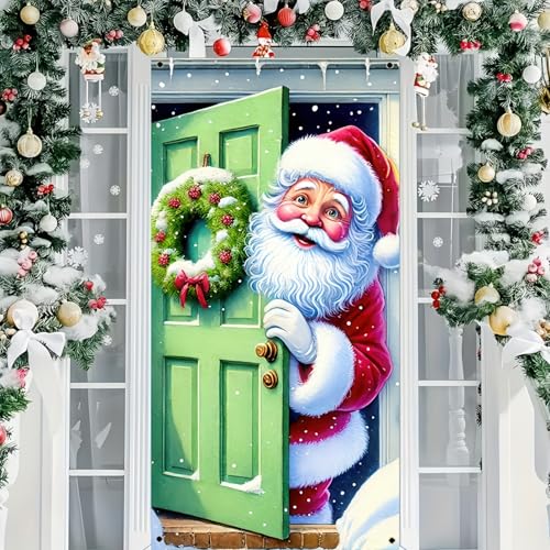 Image of BlissYard Holiday Door Cover Santa Pine Greenery 35x71 Inch Polyester