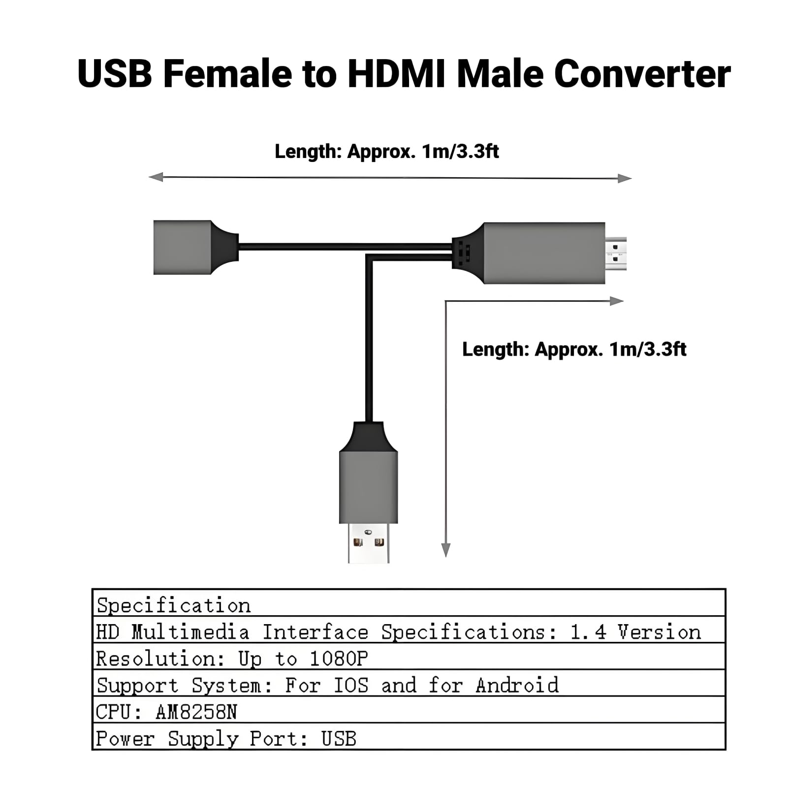 USB Vrouwelijk Naar HDMI Mannelijk HDTV-adapterkabel, 1080P HD Multimedia-interface USB naar HDMI-converter voor Telefoon