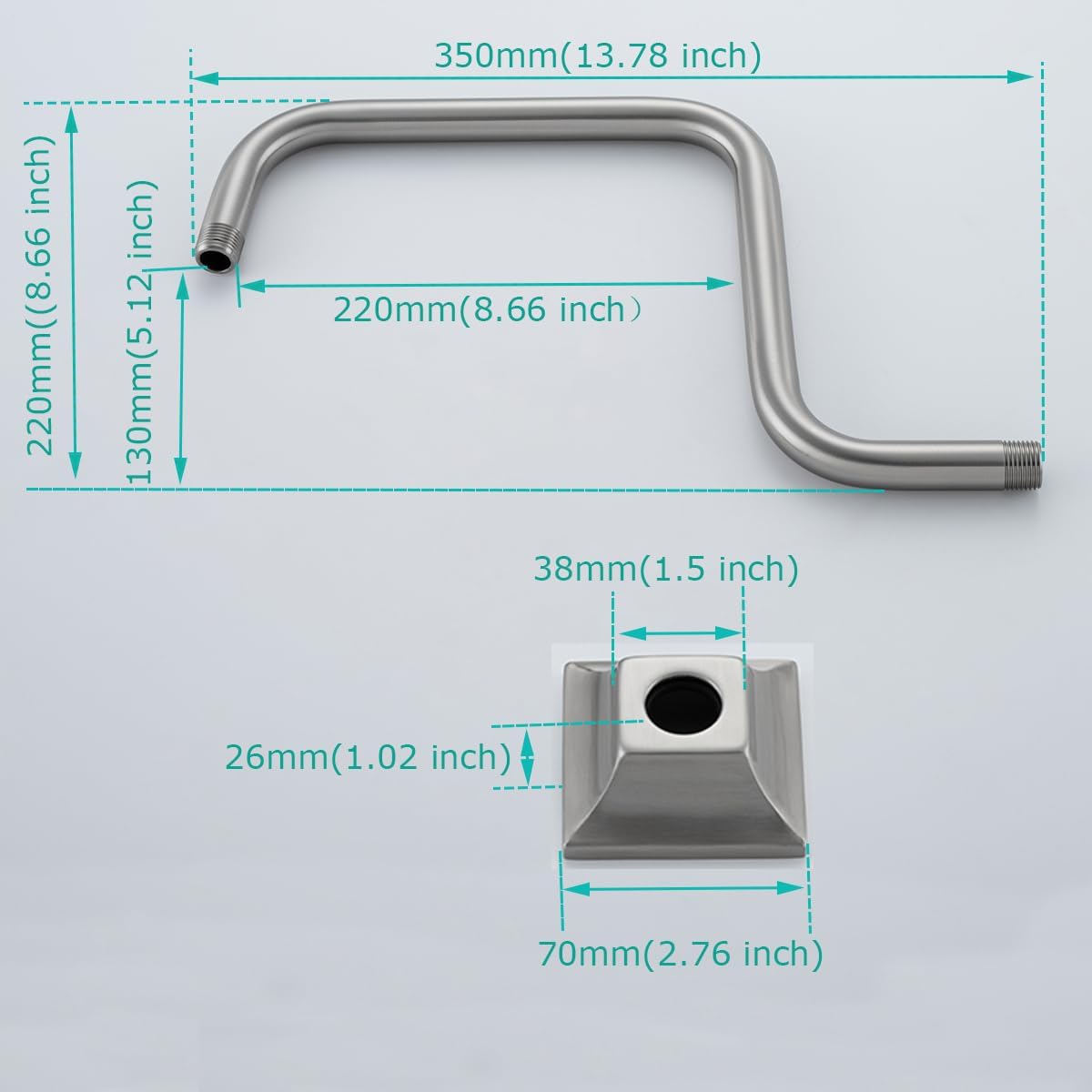 13" Gooseneck (S-Shape) Shower Arm Brushed Nickel Shower Head Extension with Unique Flange, Standard 1/2" Connection