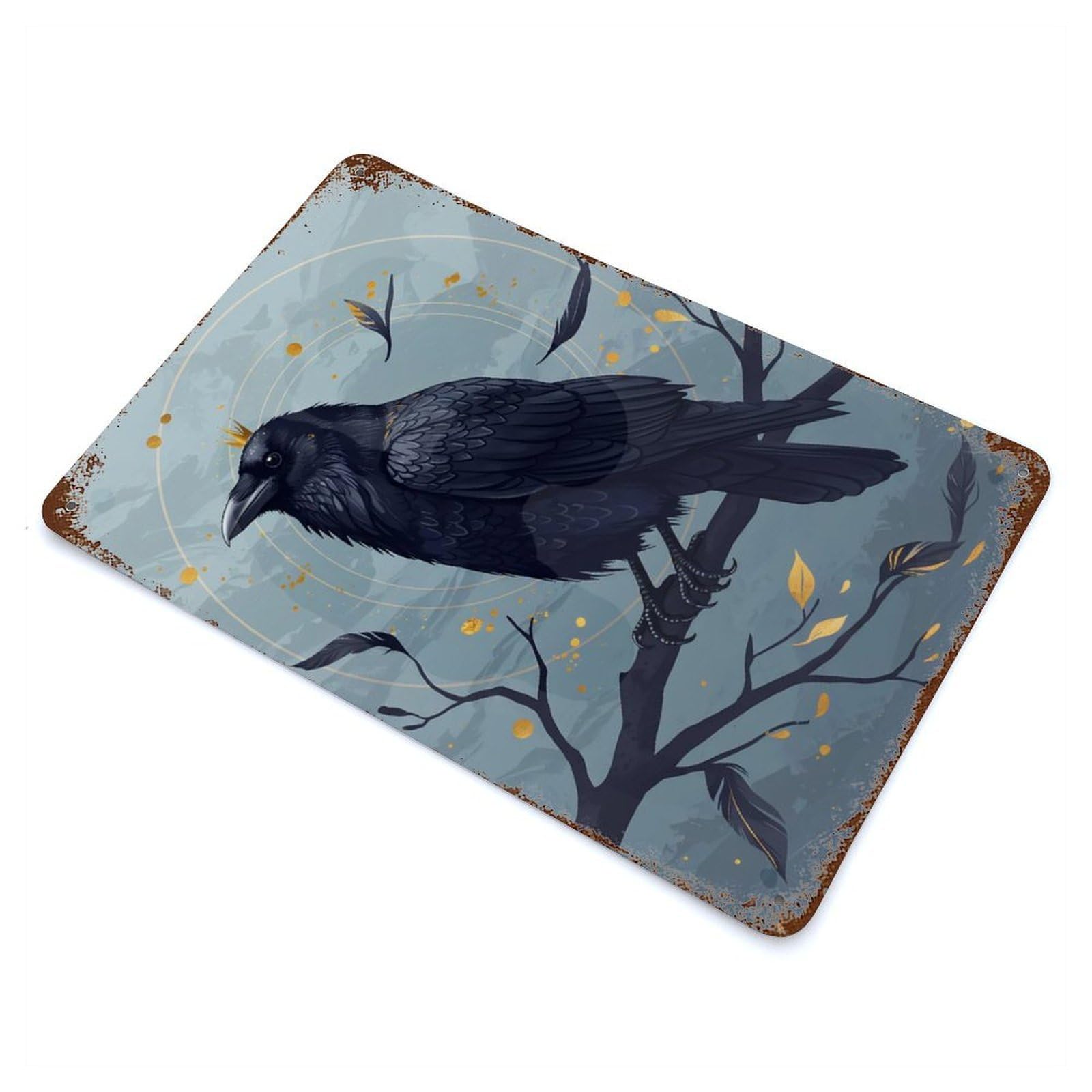Crowned Raven on Branch Digital Art Vintage Wall Sign 11.8"x7.9", Rust Effect Metal Decor for Living Room, Hallway And Home Decor