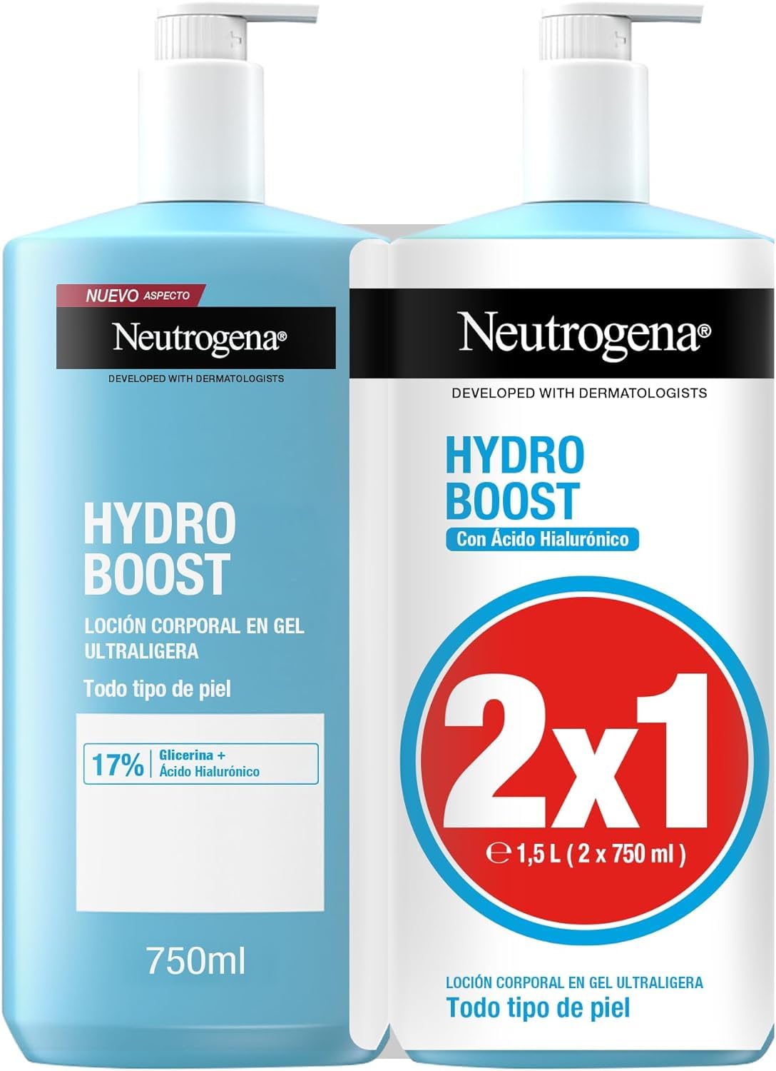 Neutrogena Hydro Boost Loción en Gel Ultraligera (Pack de 2 x 750 ml), crema hidratante corporal refrescante con Glicerina y Ácido Hialurónico para todo tipo de piel
