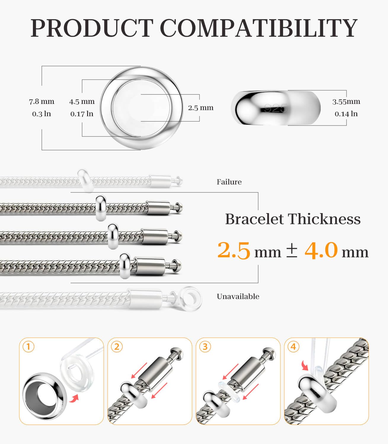 GW Charms Stopper de Breloques pour Bracelet avec Caoutchouc en Argent Sterling 925 Perles Compatible pour Européen Bracelets à Breloques (Argent, Lot de 8)
