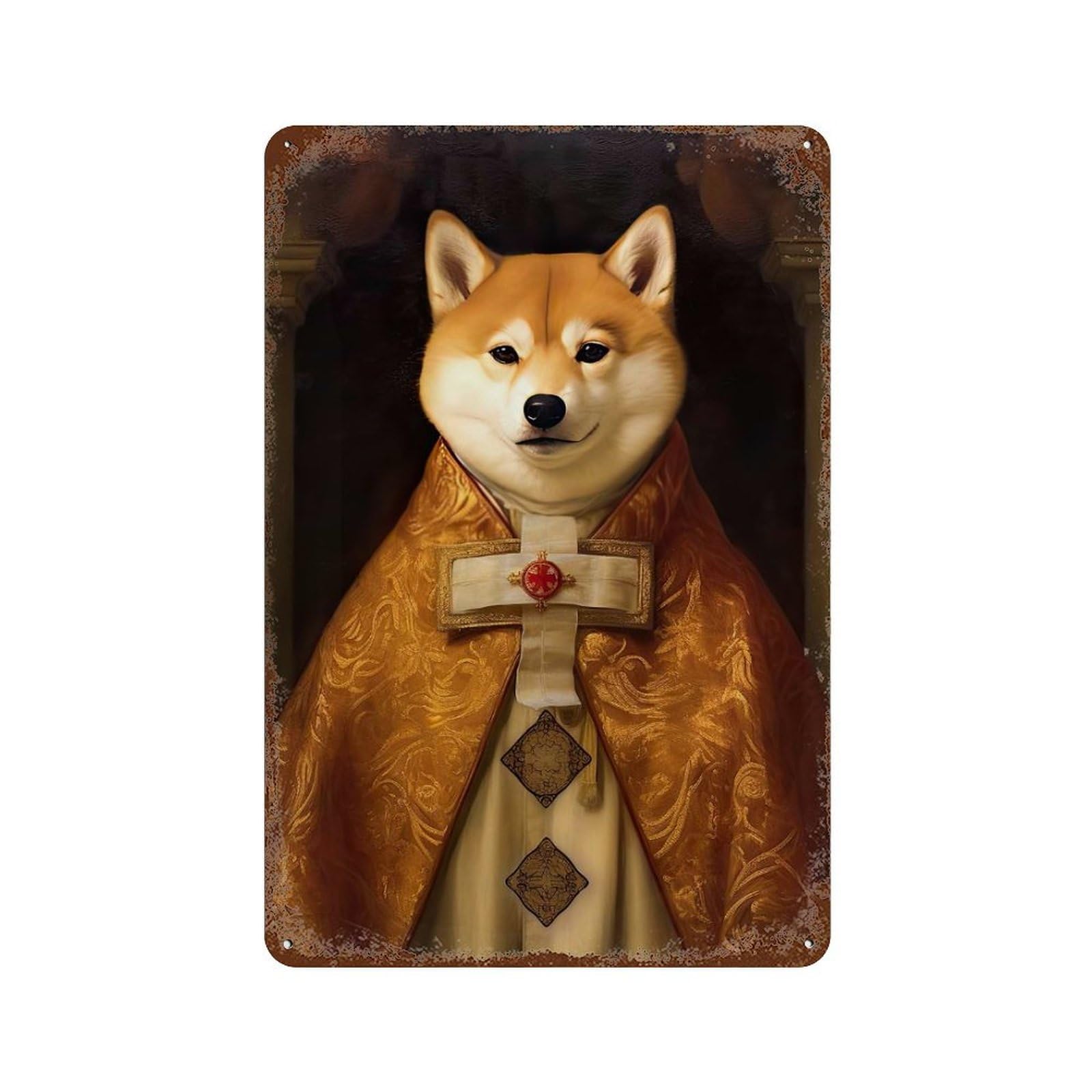 Rustic Tin Plaque Shiba Inu The Pope 11.8"x7.9", Rustic Home Decor for Office, Studio And Wall Decor