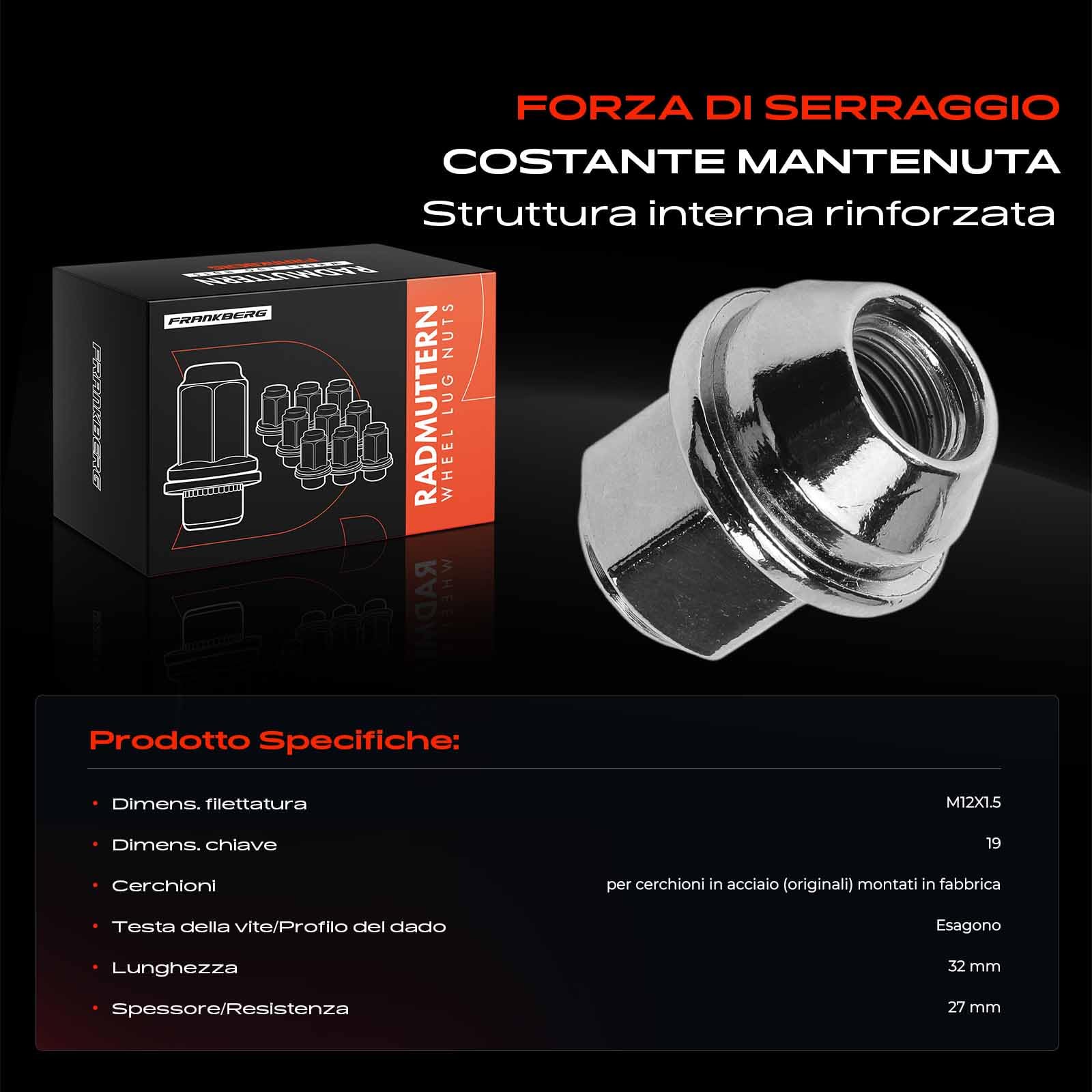 Frankberg Dadi per ruote Viti per ruote Bulloni per ruote Compatibile con Fiesta VI CB1 CCN K.u.g.a II DM2 EcoSport Focus III Turnier Fiesta VII HF HJ Replace# ACPA1012DXA