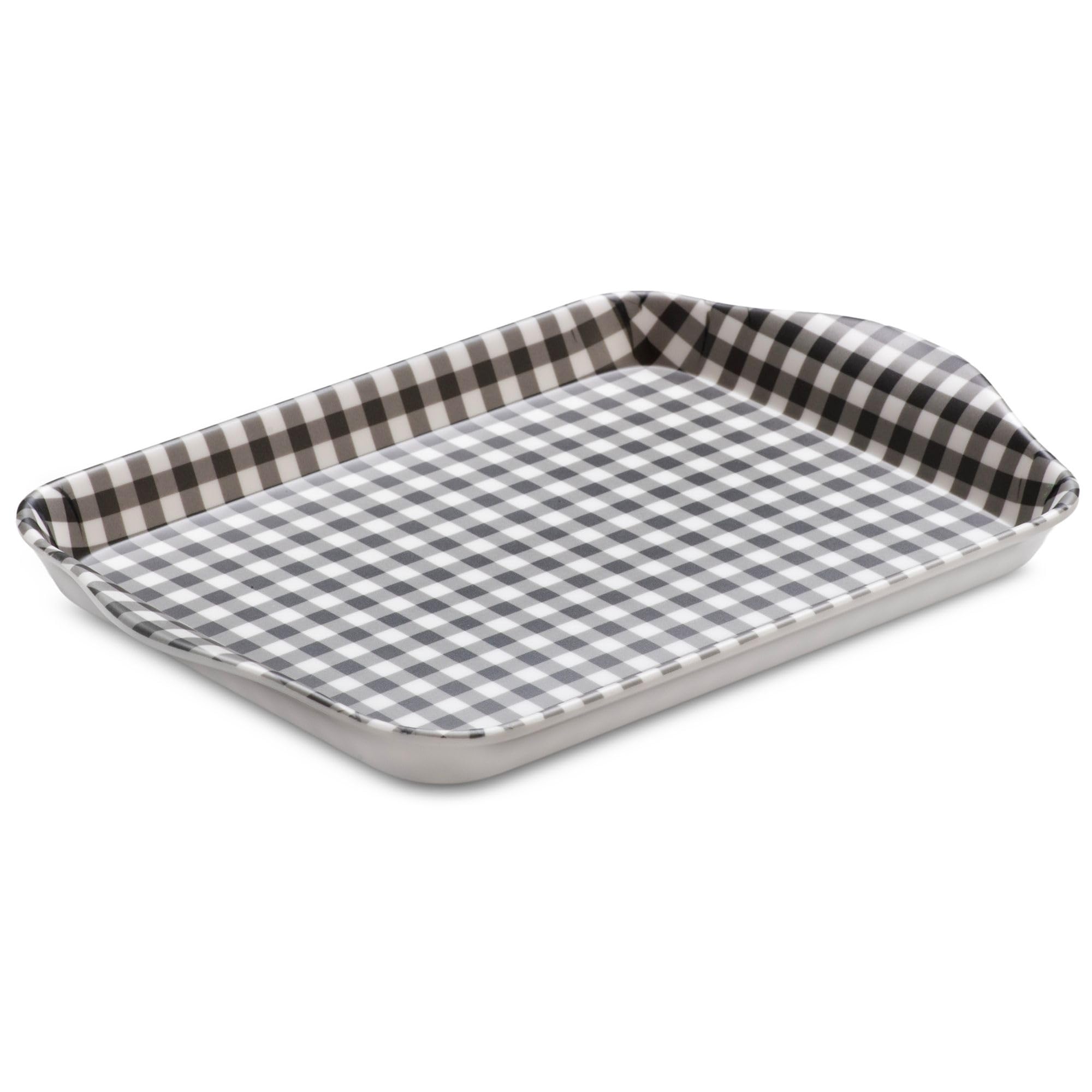Zeal Mini Serving Tray, Small Melamine Tea & Coffee Tray, Gingham Pattern Snack & Drinks Tray with Raised Handles, BPA Free, 18 x 14cm (Dark Grey)