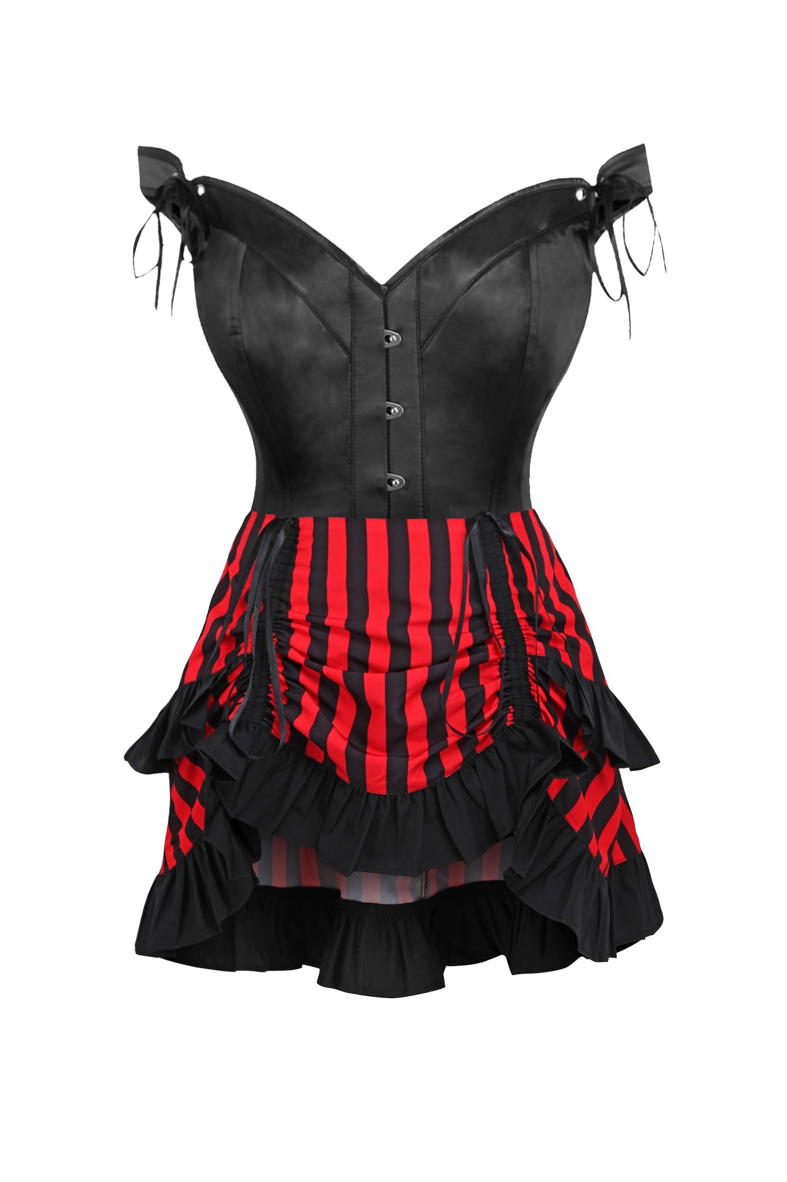 Daisy corsets womens Daisy Corsets Top Drawer 2 Pc Black Satin Steel Boned Corset W Straps Striped Skirt