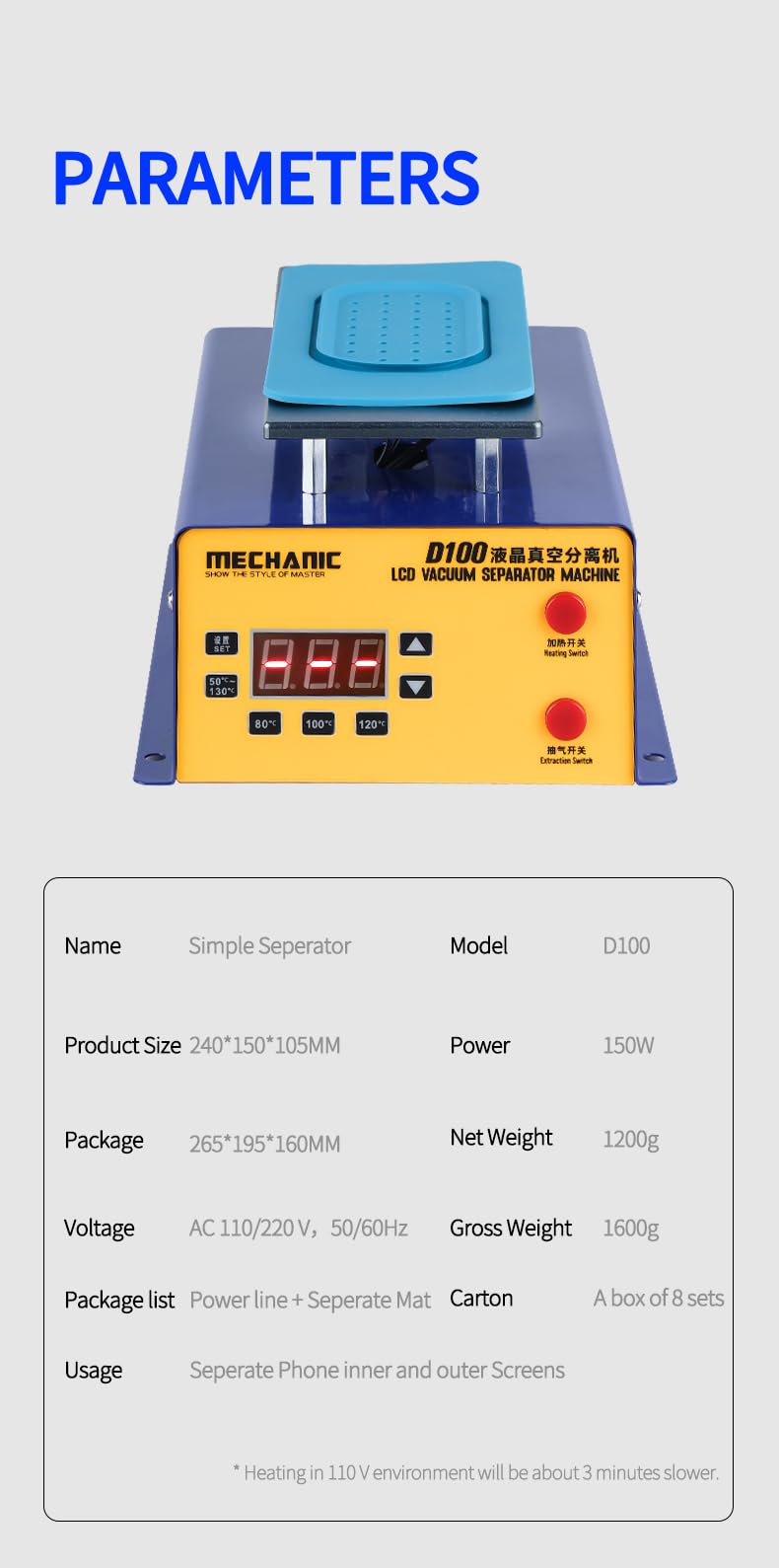 Separador de Pantallas LCD Mechanic D100 D200 con Potente Succión para Precalentamiento y Reparación/Remoción de Pantallas Táctiles de Teléfonos Móviles(D100)