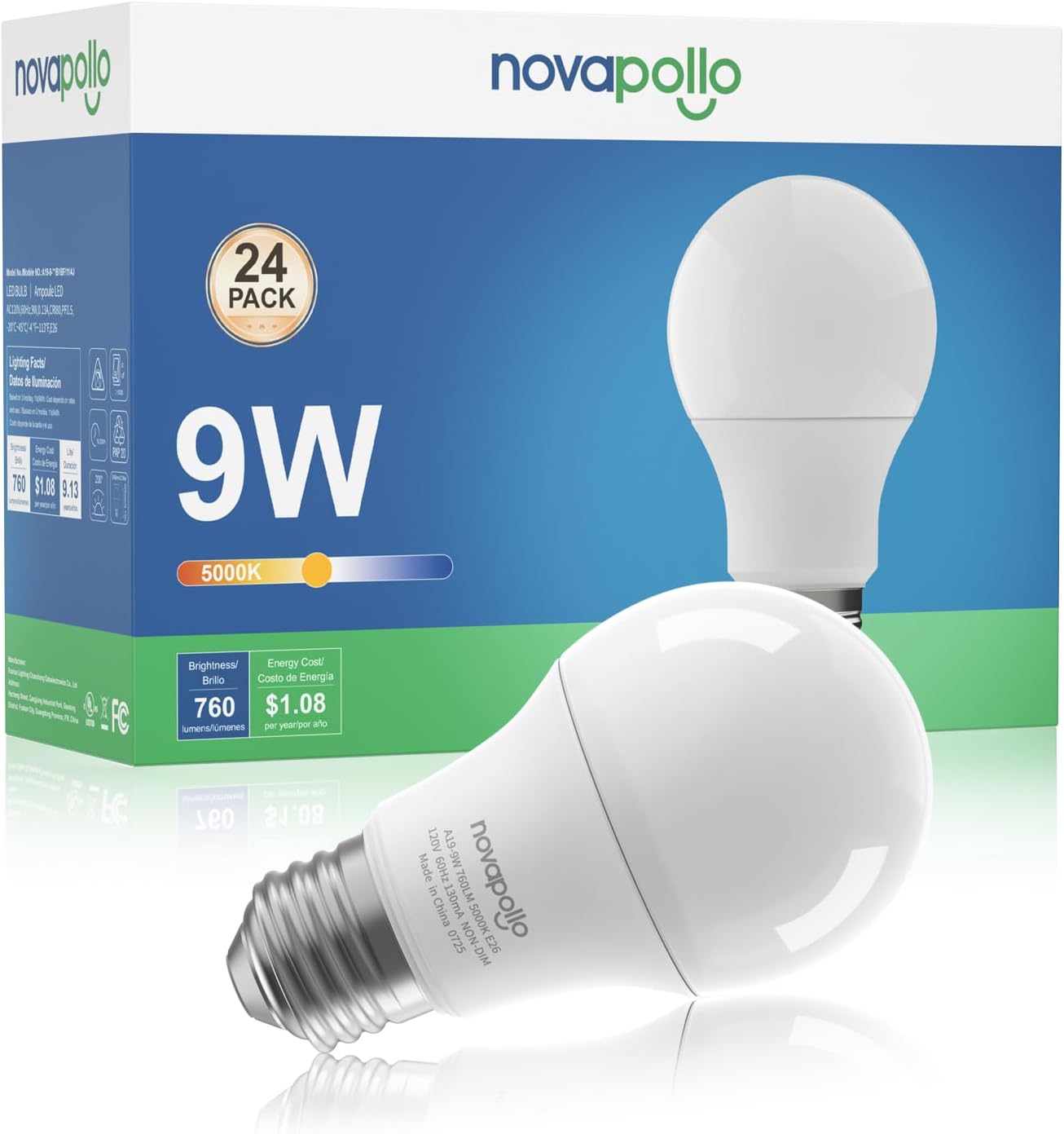 A19 LED Light Bulbs, 24-Pack, 60W Equivalent Non-Dimmable Light Bulb, 5000K Daylight, 760LM, E26 Base for Home Lighting