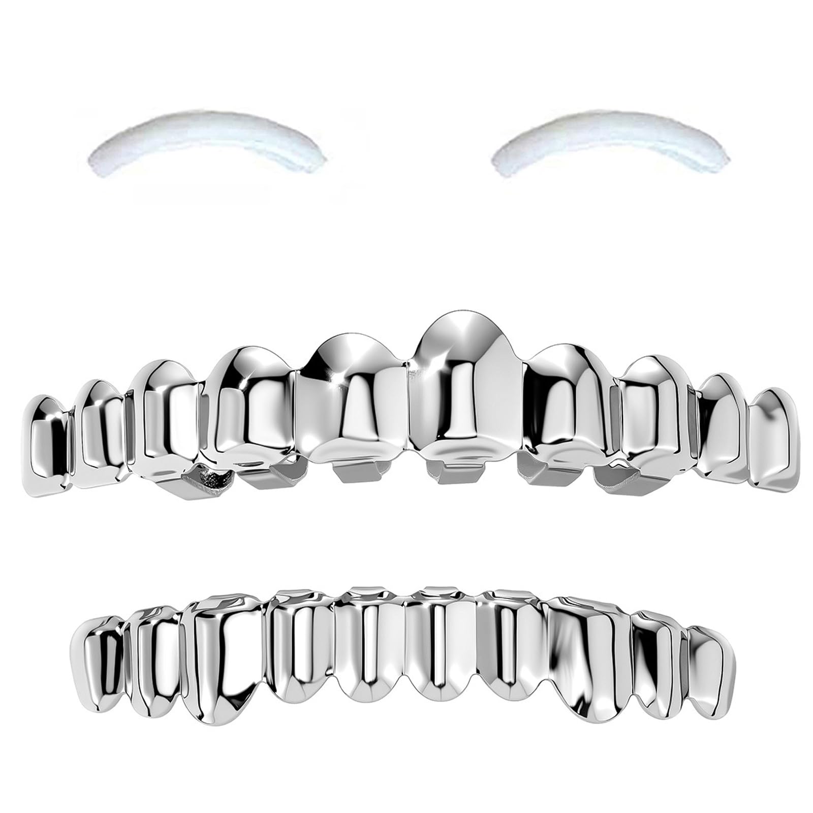 SSyang 18K Hip Hop Teeth Grills for Mouth Braces Decoration with 2 Silicone Moldings Teeth Grills for Mouth Top Bottom Music Festival Party Hip Hop Rapper Decorations (Silver+10 Teeth) — image 1