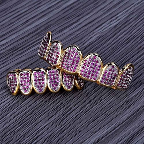 Grillz de Cadera Hip-Hop de 6 Dientes con Microincrustado Rojo Rosa Brillante 3