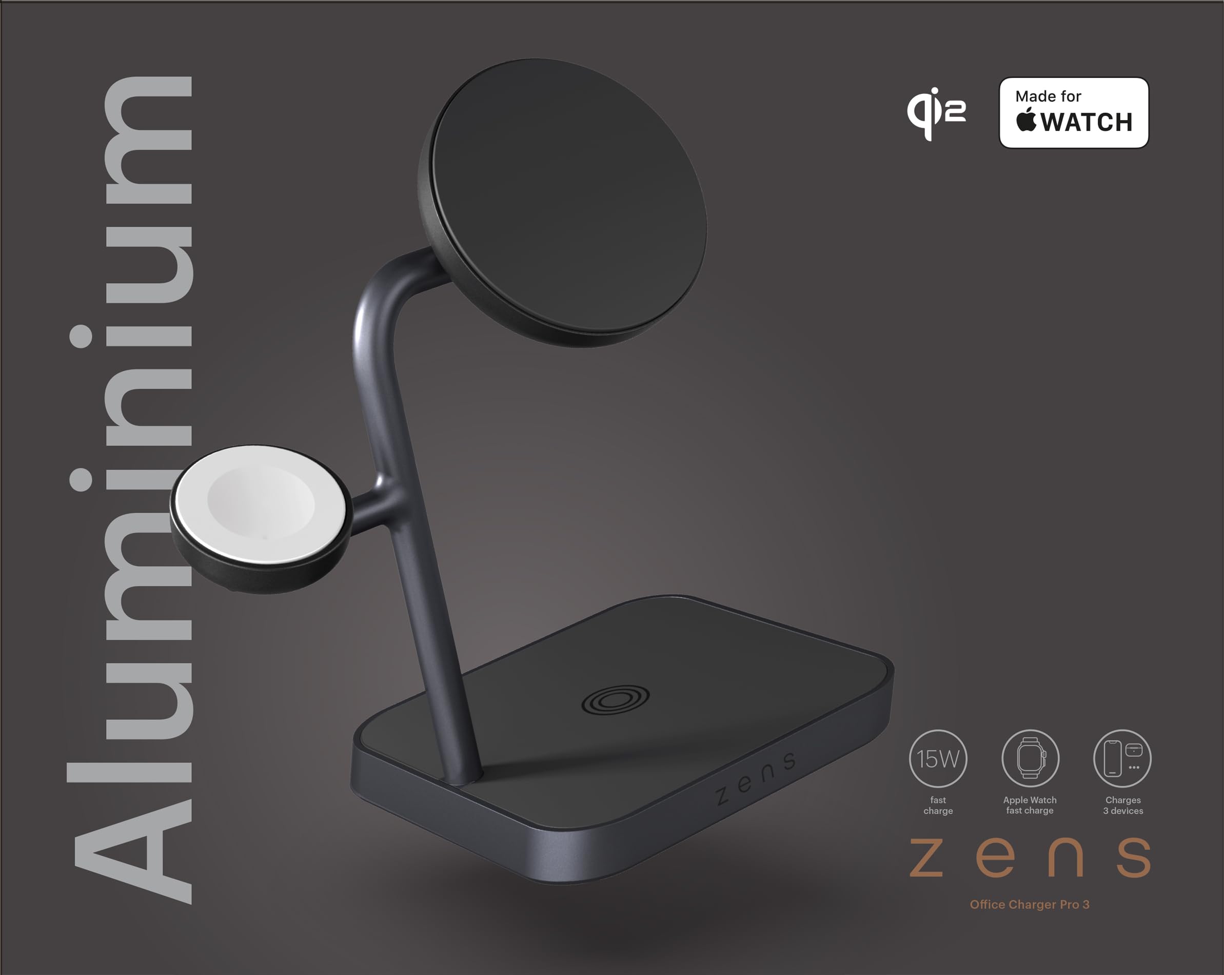 Zens Office Wireless Charger 3, Czarne | Bezprzewodowa ładowarka MagSafe i Qi2, 15 W, do iPhone /Apple Watch/AirPods, zasilacz 45 W (EU/UK/US) i kabel 1,5 m