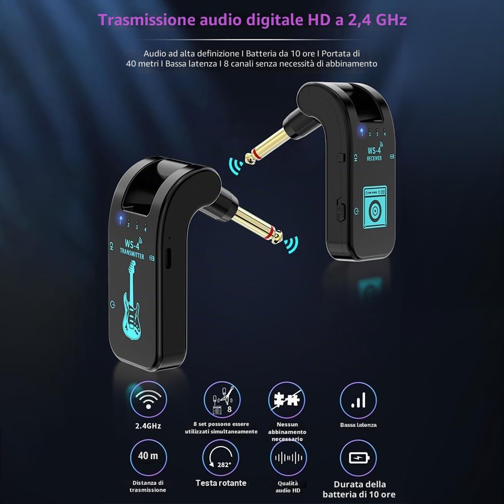 Kavolet di chitarra wireless 2,4 G, trasmettitore e ricevitore ricaricabili, con 10 ore di durata della batteria, Plug and Play, trasmissione in tempo reale 48 K/16 bit, spina girevole a 282