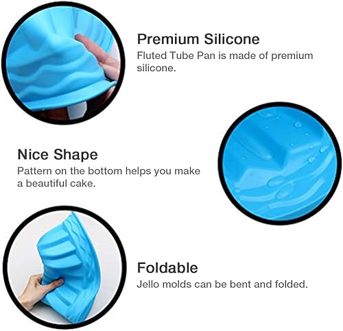 Miniatura 3 de Alimat PluS Paquete de 2 moldes de gelatina de silicona azul de 9 pulgadas, moldes para pasteles para hornear, útiles moldes de tubo estriado para