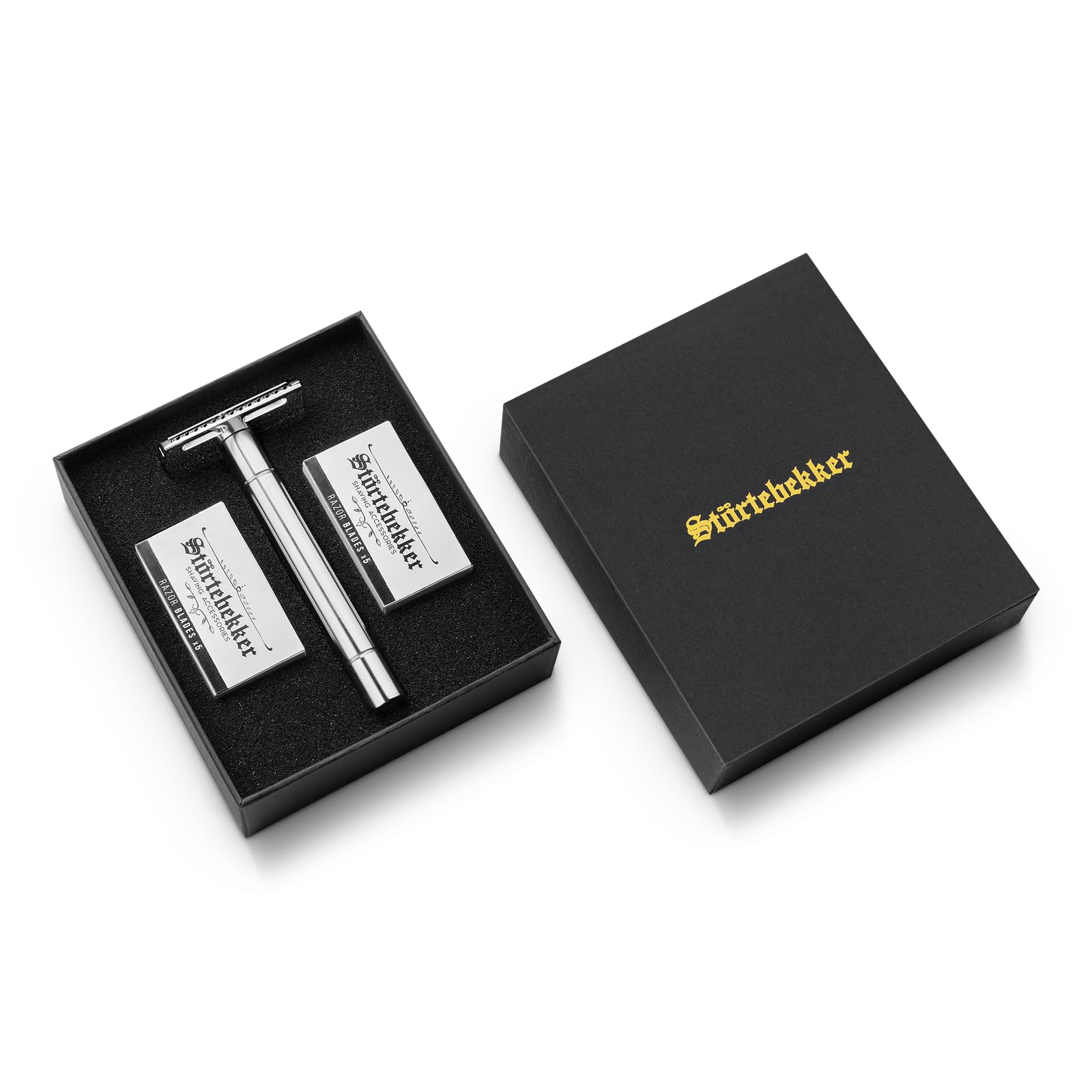Störtebekker, rasoio "Solingen", in acciaio inox lucidato, con guida per rasatura [+ 10 lame Störtebekker], idea regalo, set per rasatura bagnata