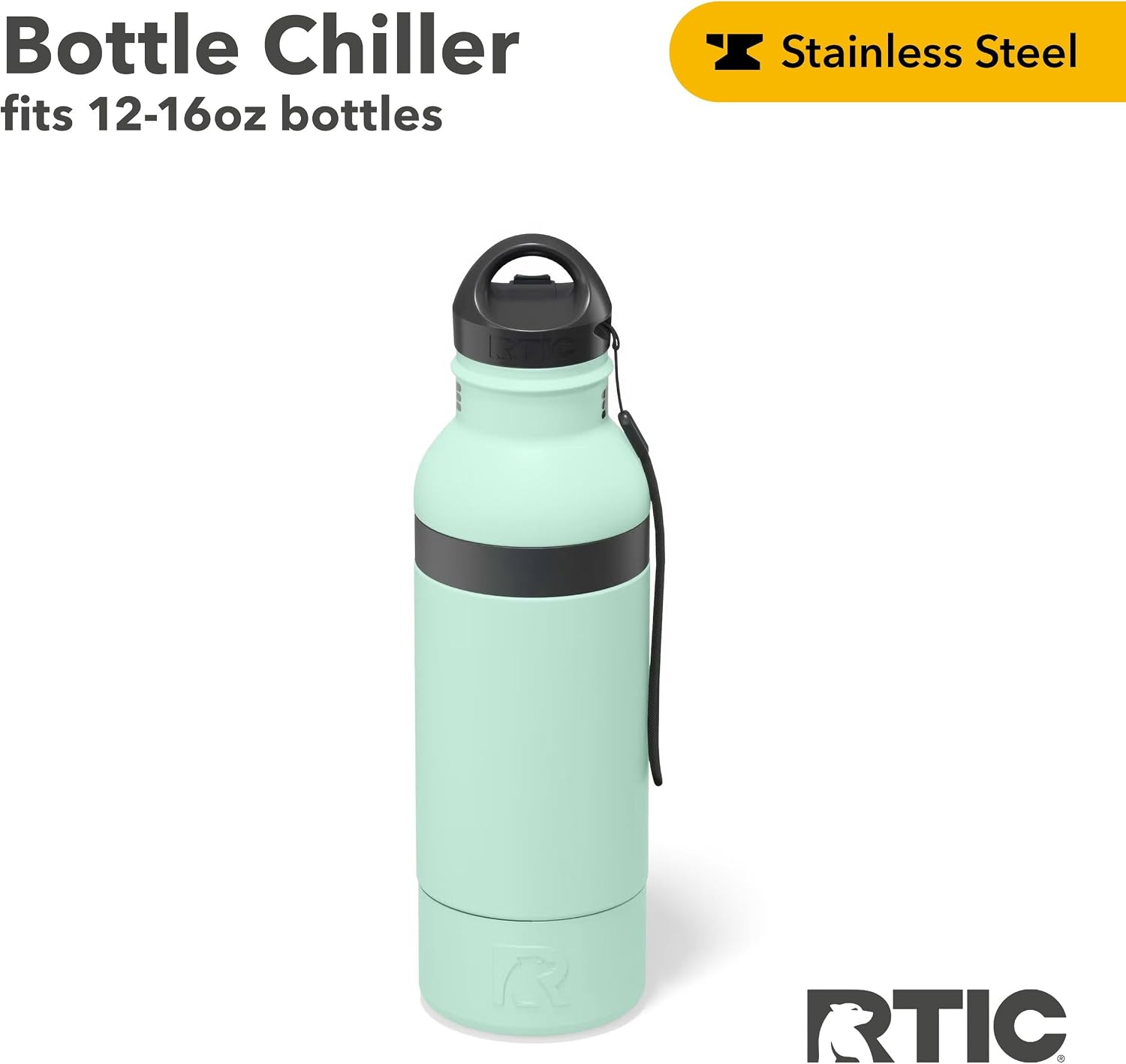 RTIC Bottle Chiller, Insulated Cooler for 12oz Glass Soda or 16oz Aluminum Bottles, Double Wall Vacuum Insulation, Stainless Steel, Sweat Proof with Bottle Opener, Fresh Mint