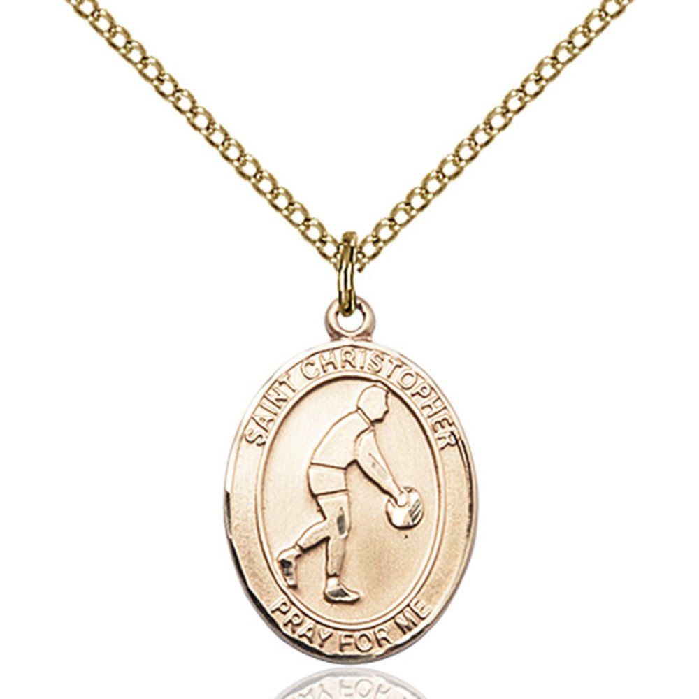 Bonyak Jewelry Saint Medal Collection Custom Engraved Gold Filled St. Christopher/Basketball Pendant 3/4 x 1/2 inches with Gold-Filled Lite Curb Chain