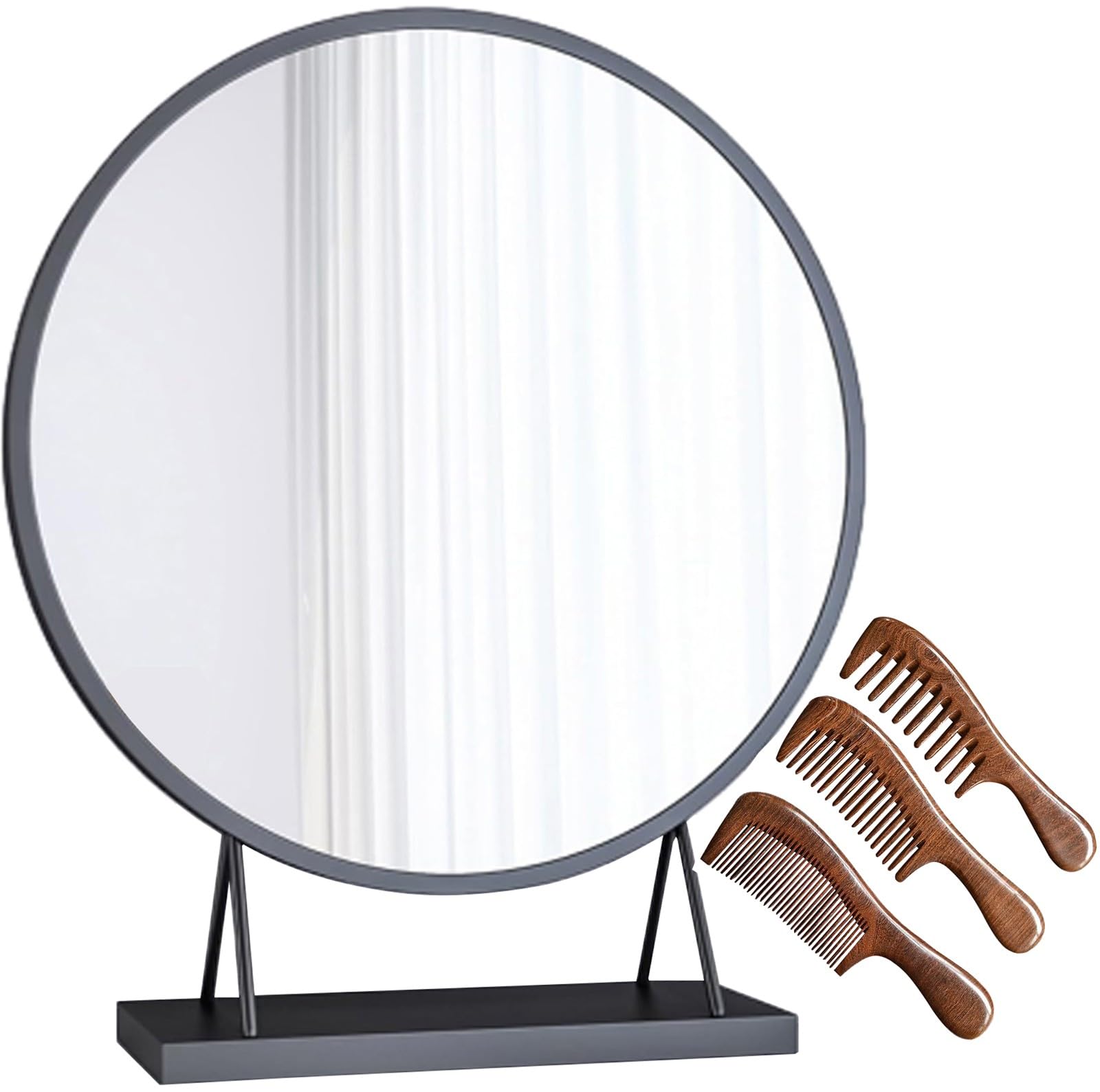 Specchio rotondo in metallo con supporto, perfetto per rasatura e trucco, nero, 40 cm, elegante accessorio da bagno e toeletta