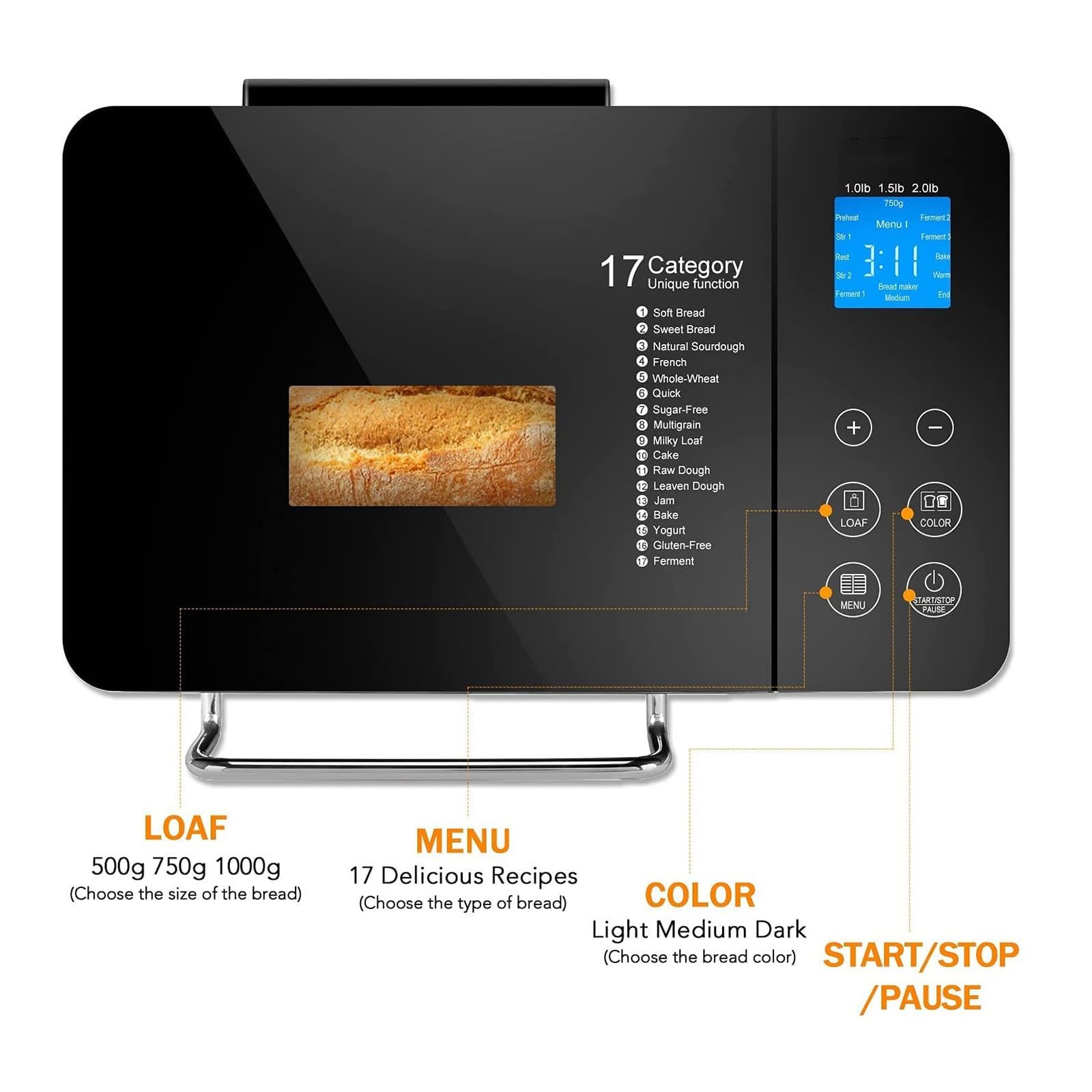 Máquina De Pan Automática 17 En 1 Con Dispensador De Nueces, Funciones De Masa, Mermelada Y Yogur Para Hornear Pan Casero