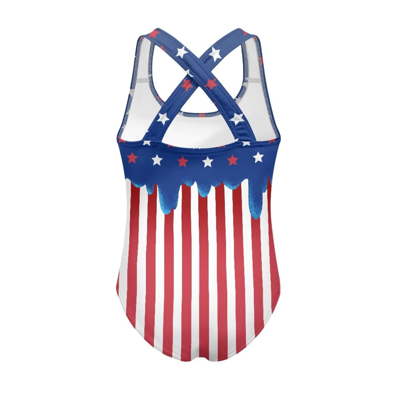 JUDENTIDOS American Flag Print Girls' Bathing Suit One Piece Swimsuit for Summer Cute Sleeveless Swimwear with Cross Back Straps Sizes 5-14 Years Gymnastics Leotards