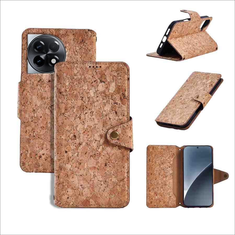 Image of ClickCase for Oneplus 11R 5G Natural Wood Cork Eco-Friendly Vegan Leather Wallet Case Flip Cover with Card Holder & Kickstand,Magnetic Flip Cover for Oneplus 11R 5G Wooden, Gold