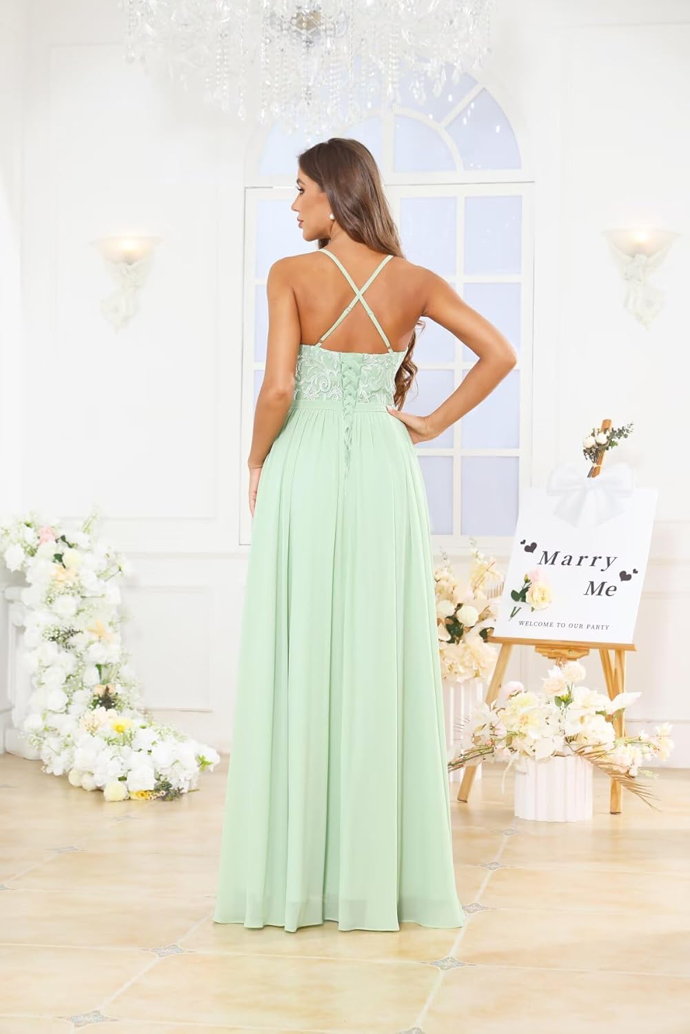 Chiffon Bridesmaid Dresses for Wedding Halter Lace Long Formal Dress for Women