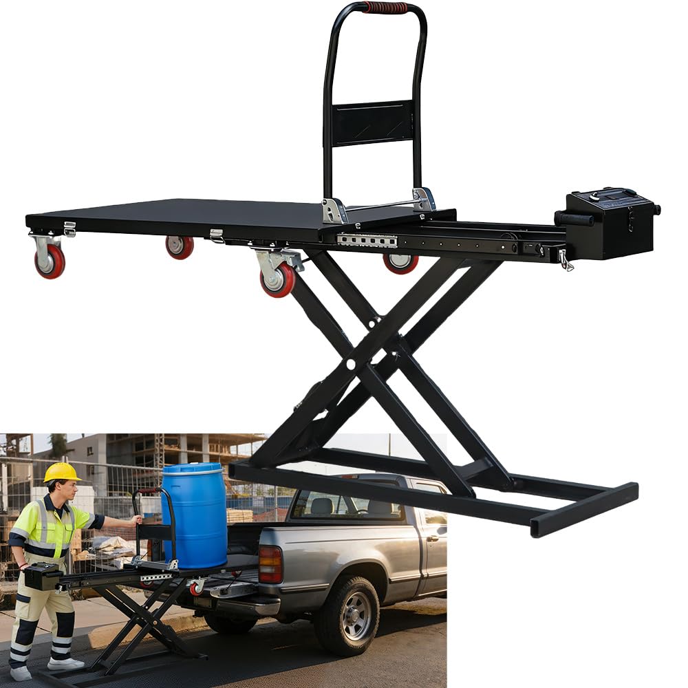 Electric Hydraulic Scissor Lift Tables Cart - 660lbs Capacity 44in Lift Height Heavy-Duty Mobile Material Handling Cart with 4 Wheels & Non-Slip Platform for Pickup Truck Off-Road Vehicle Single Cab