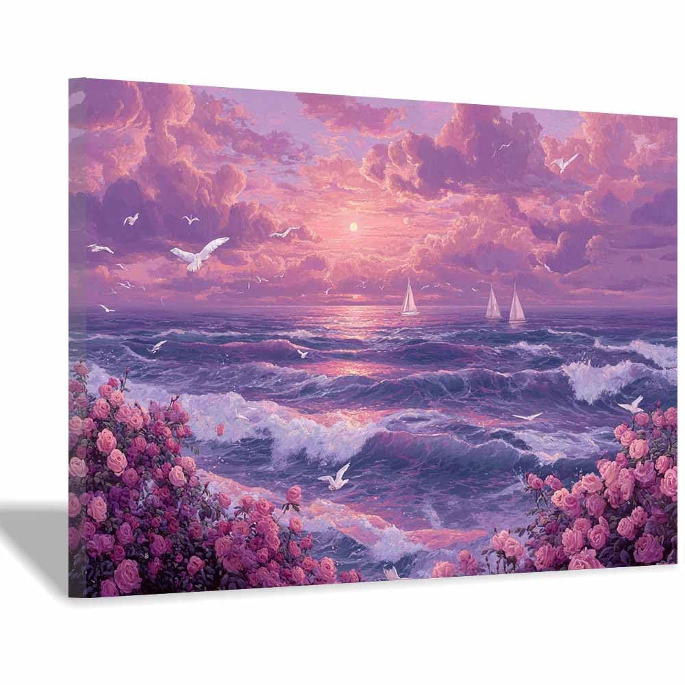 DMZPKZB Nature Landscape Pictures Ocean Sunset Ros Viewss Canvas Prints Wall Decor,Painting Artwork for Bedroom,Living Room,Corridor,church,Home Decoration(Multicolor)-50x70cm Framed