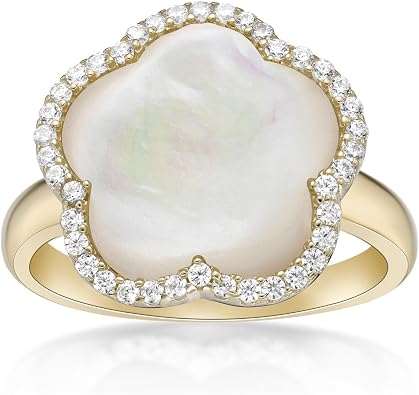 Lavari Jewelers Five Petal Flower Ring for Women - Black Onyx Green Malachite Mother of Pearl or Pink Quartz & Cubic Zirconia in 925 Sterling Silver - Hypoallergenic Gold Plated - Ring Size 6 to 8