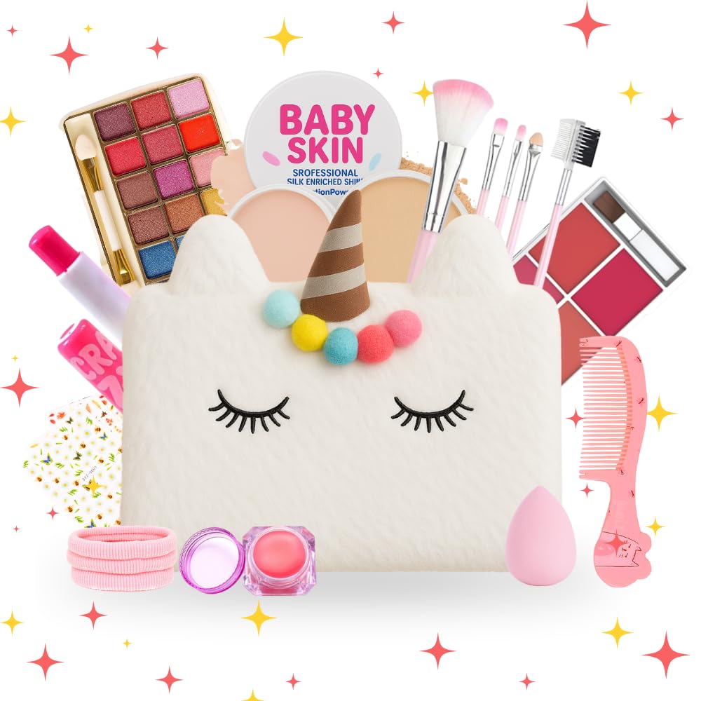Real Makeup Kit for Girls & Teens – 21 PCS Safe & Washable Beauty Set with Unicorn White Fur Bag – Non-Toxic Cosmetics for Ages 7–16 – Gift Set with Brushes, Lip Gloss, Blush & More-picture-23