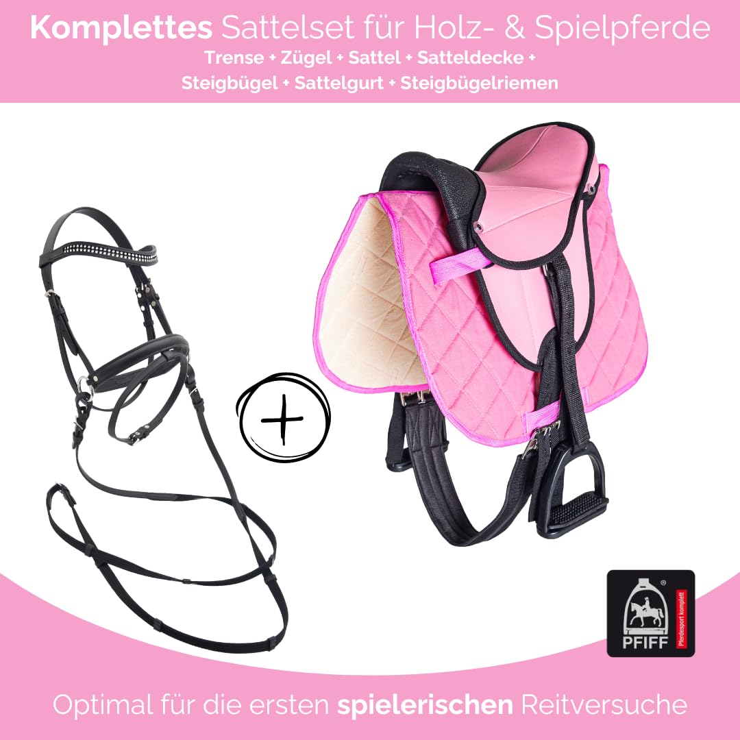 PFIFF 103122 Kinder Sattelset für Holzpferde, Reitset, Sattel und Trense für Spielpferde, Pink/Rose, MS