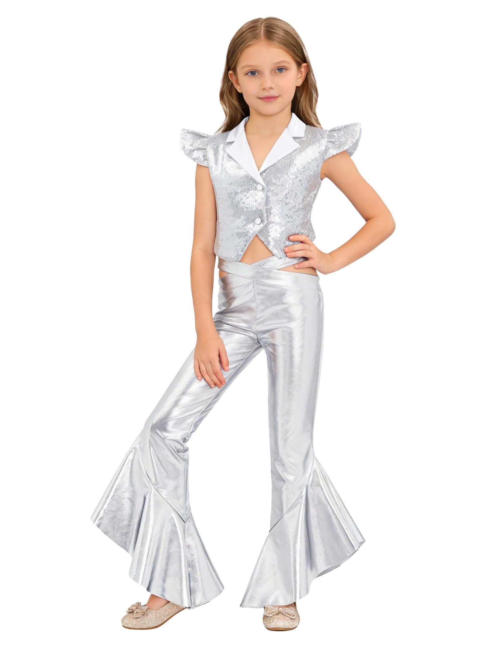 Jugaoge Mädchen Sommer Glitzer Crop Top Weste Kurzarm Shirts mit Rüschen und Lange Hose Slim Fit Leggings Ausgestellt Jazz Pants 2-Teillig Hochzeit Party Kleidung Set