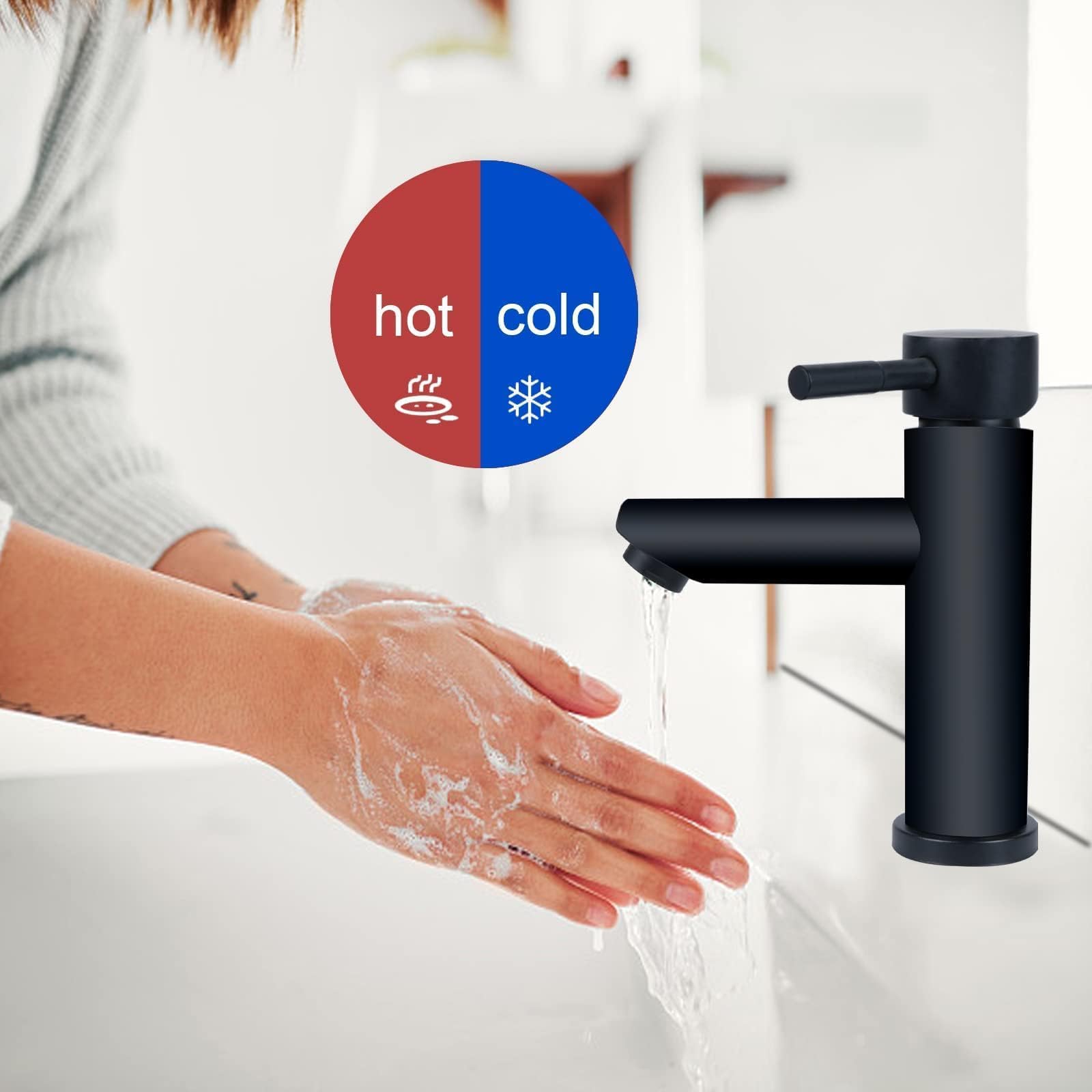 Grifo Lavabo Negro Con Tubería Agua Fría y Caliente 165mm Redondo Grifo para Baño Caliente y Frío Grifo de Agua Negro Mate Acero Inoxidable para Llavabo Baño Monomando para Lavabo