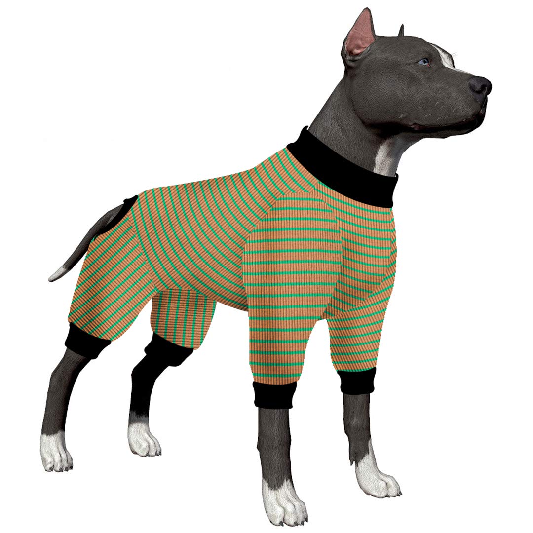 LovinPetLarge Dog Pajamas/Cotton Big Dogs PJS/Brwon and Green Stripes Dog Shirt/4-Legs Design/Full Body Coverage Protection/for Big Dogs/Pitbull Shirt/Bulldog Pajamas/Boxer Pajamas/Doberman PJS