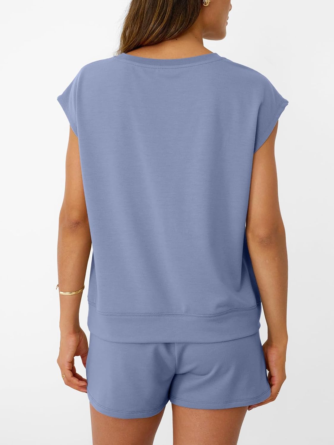 AUTOMET Womens Crew Neck Two Piece Short Sets Cap Sleeve Drawstring Summer Sweatsuit with Pocket - Image 4